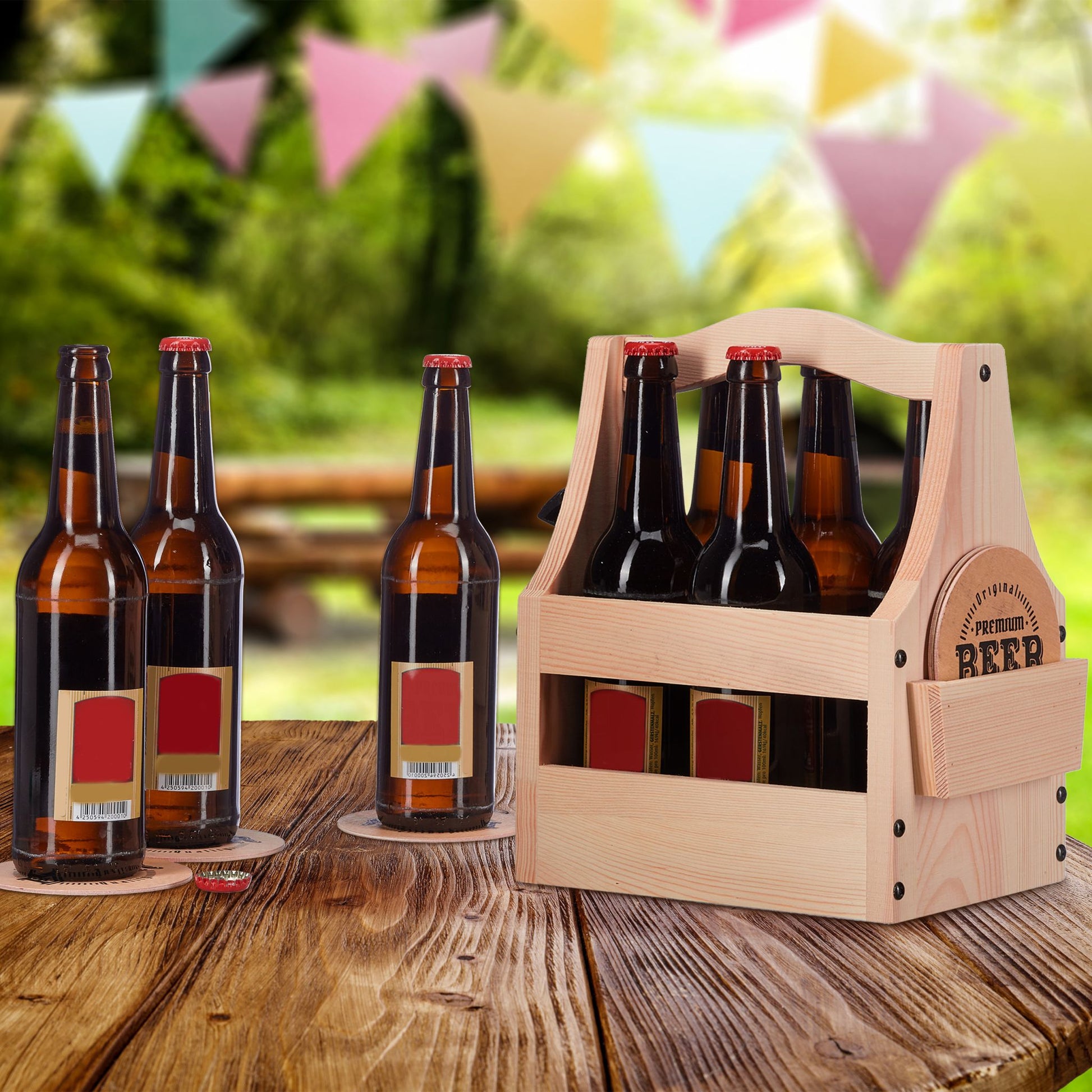 Bierträger Holz mit Flaschenöffner Hellbraun-Schwarz von Relaxdays