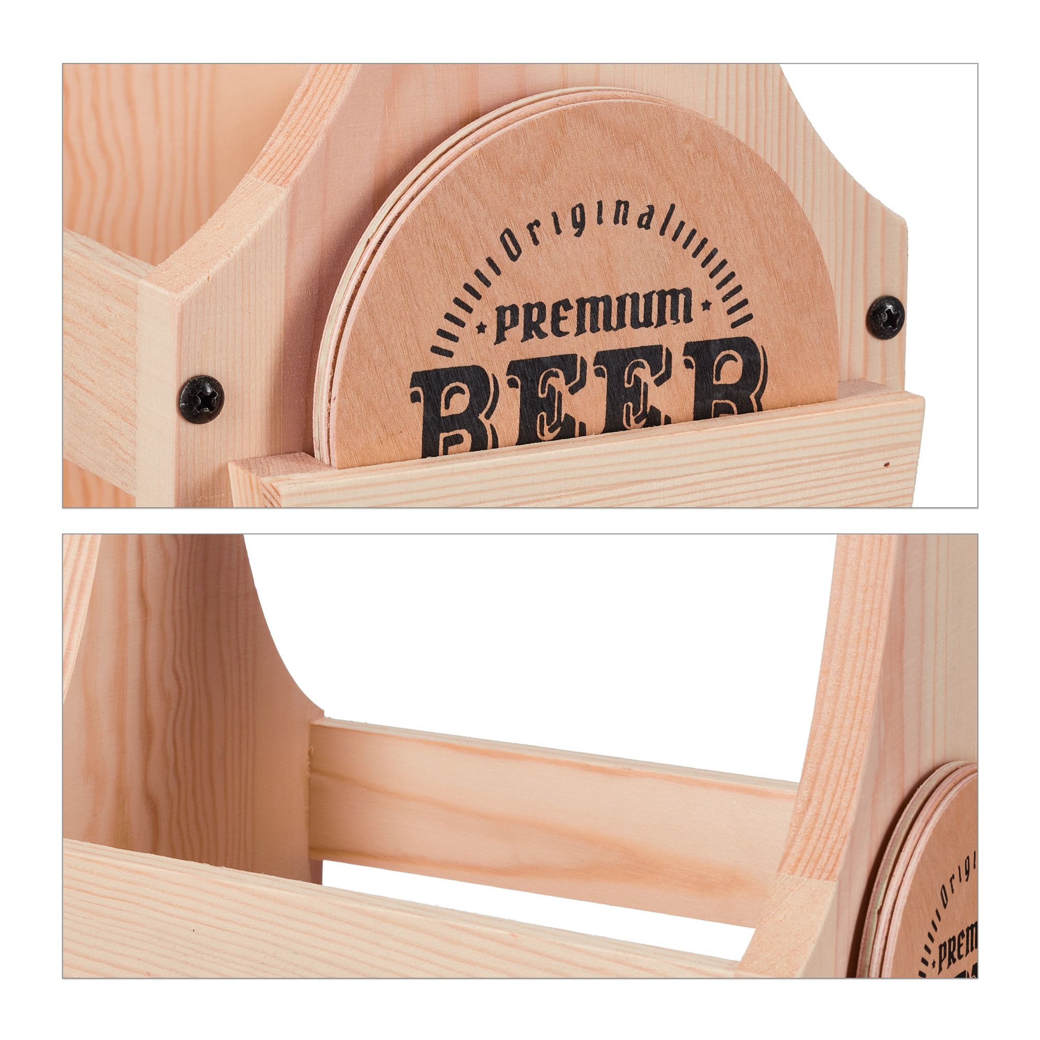 Bierträger Holz mit Flaschenöffner Hellbraun-Schwarz von Relaxdays
