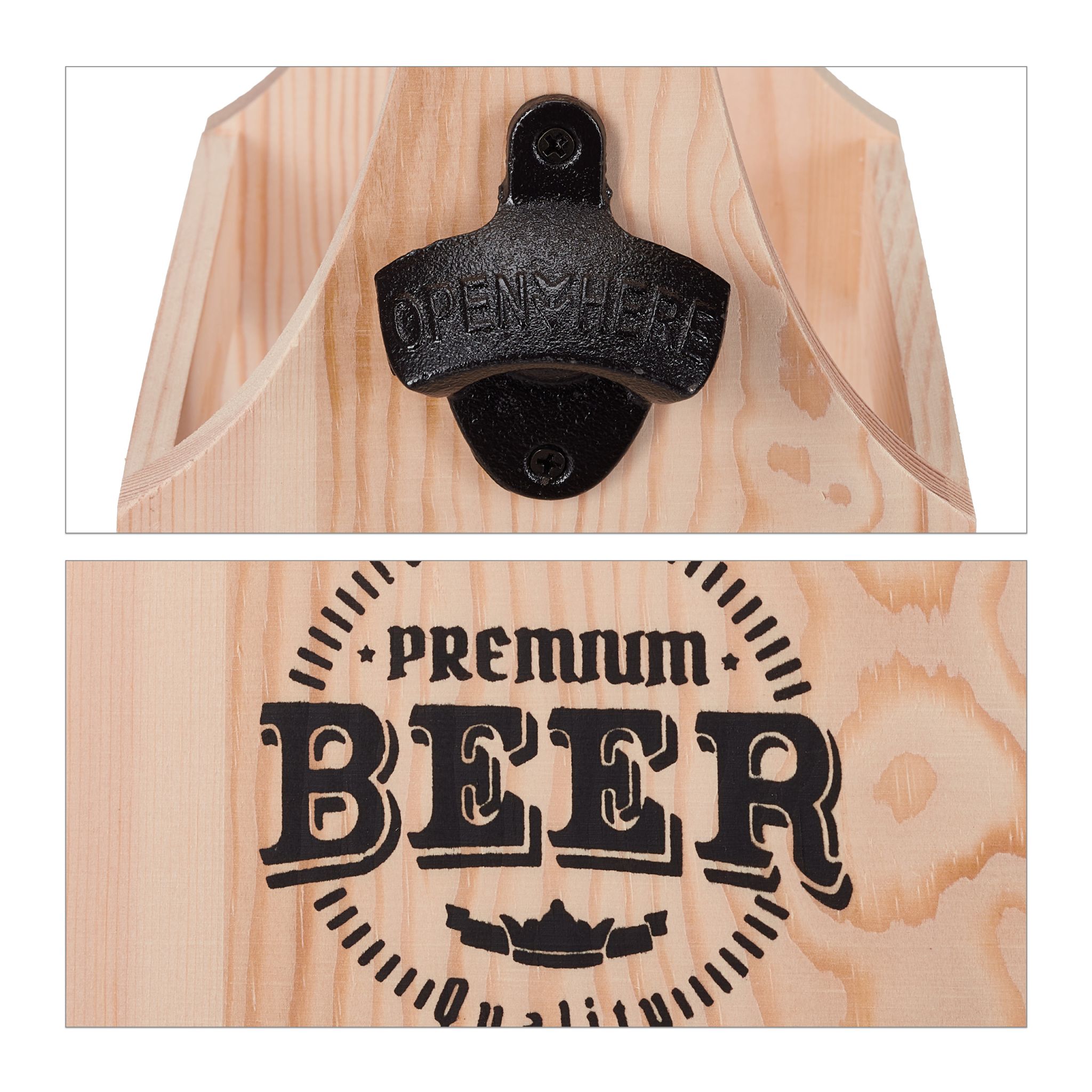 Bierträger Holz mit Flaschenöffner Hellbraun-Schwarz von Relaxdays