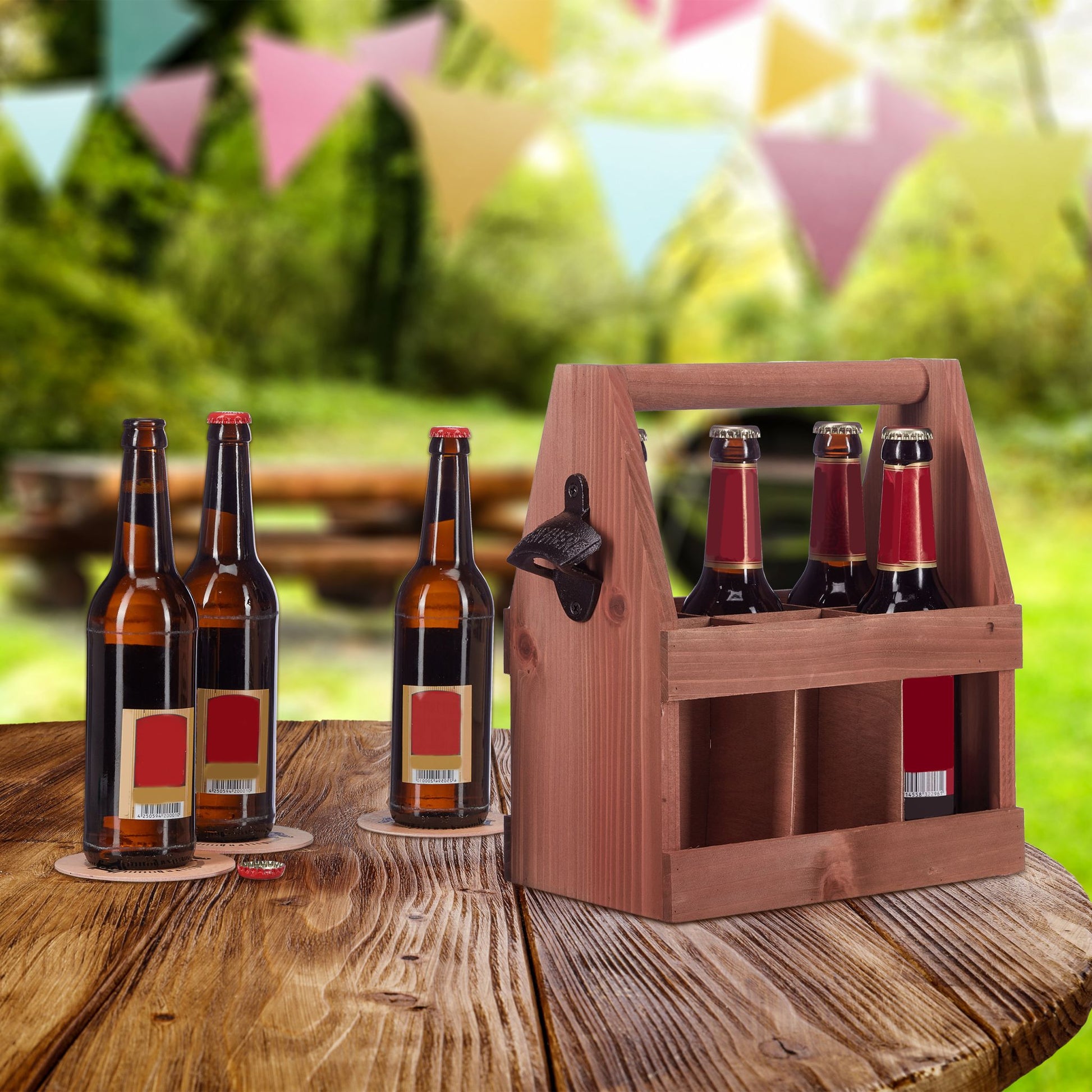 Bierträger Holz mit Flaschenöffner Braun von Relaxdays