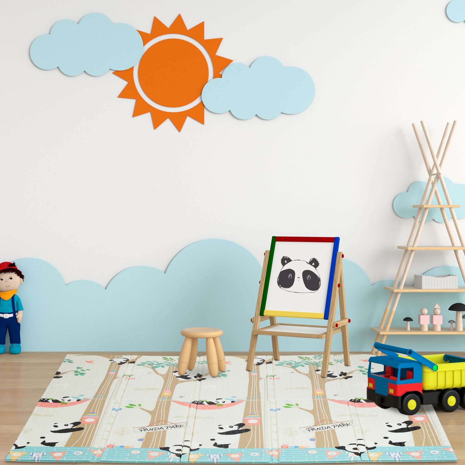 Faltbare Spielmatte mit Tiermotiven Weiss-Blau-Braun von Relaxdays