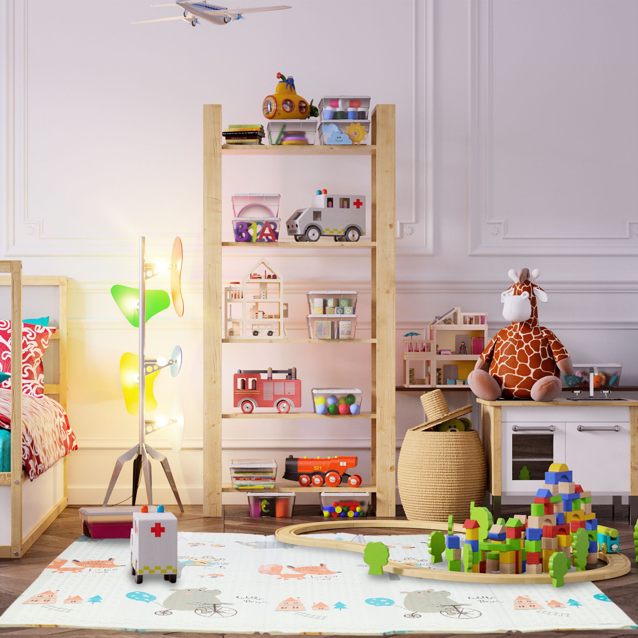 Faltbare Spielmatte mit Tieren Weiss-Gelb-Grau von Relaxdays