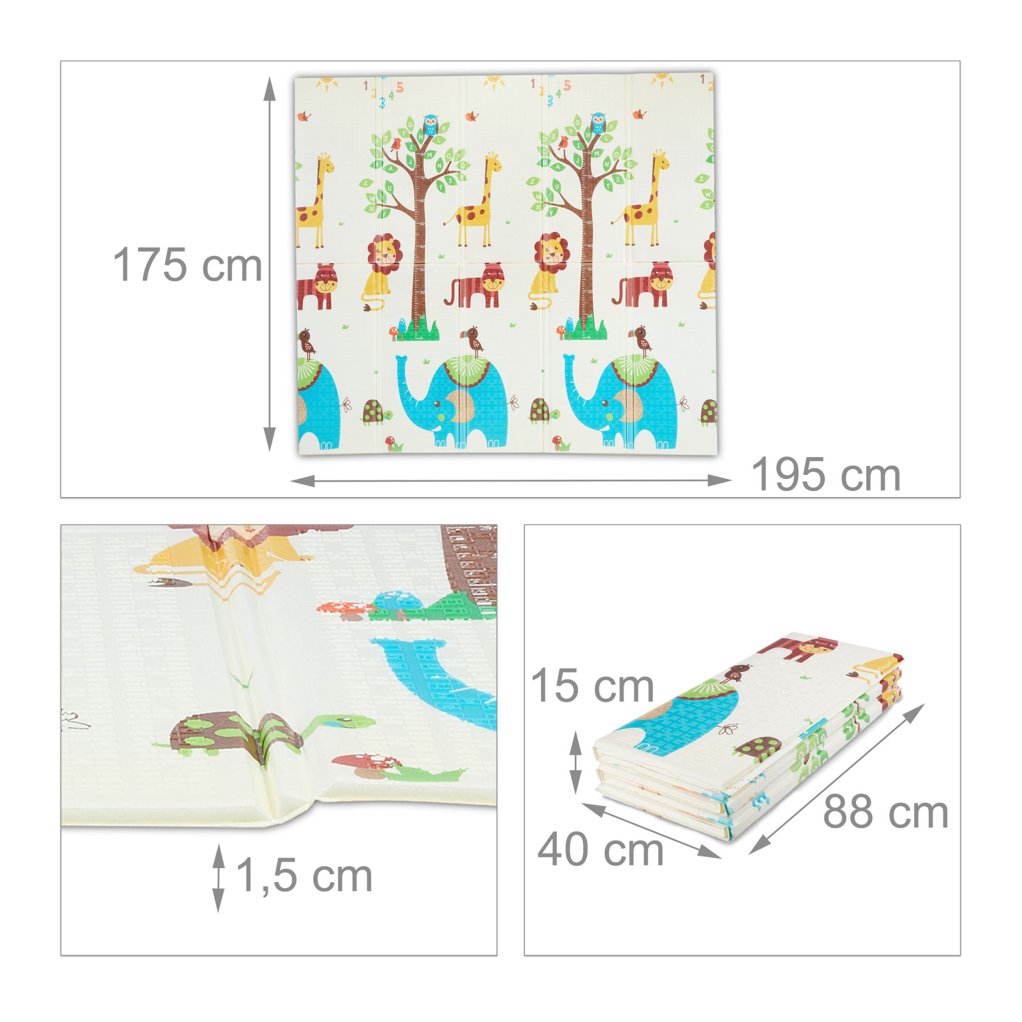 Faltbare Spielmatte mit Tieren Weiss-Gelb-Grau von Relaxdays