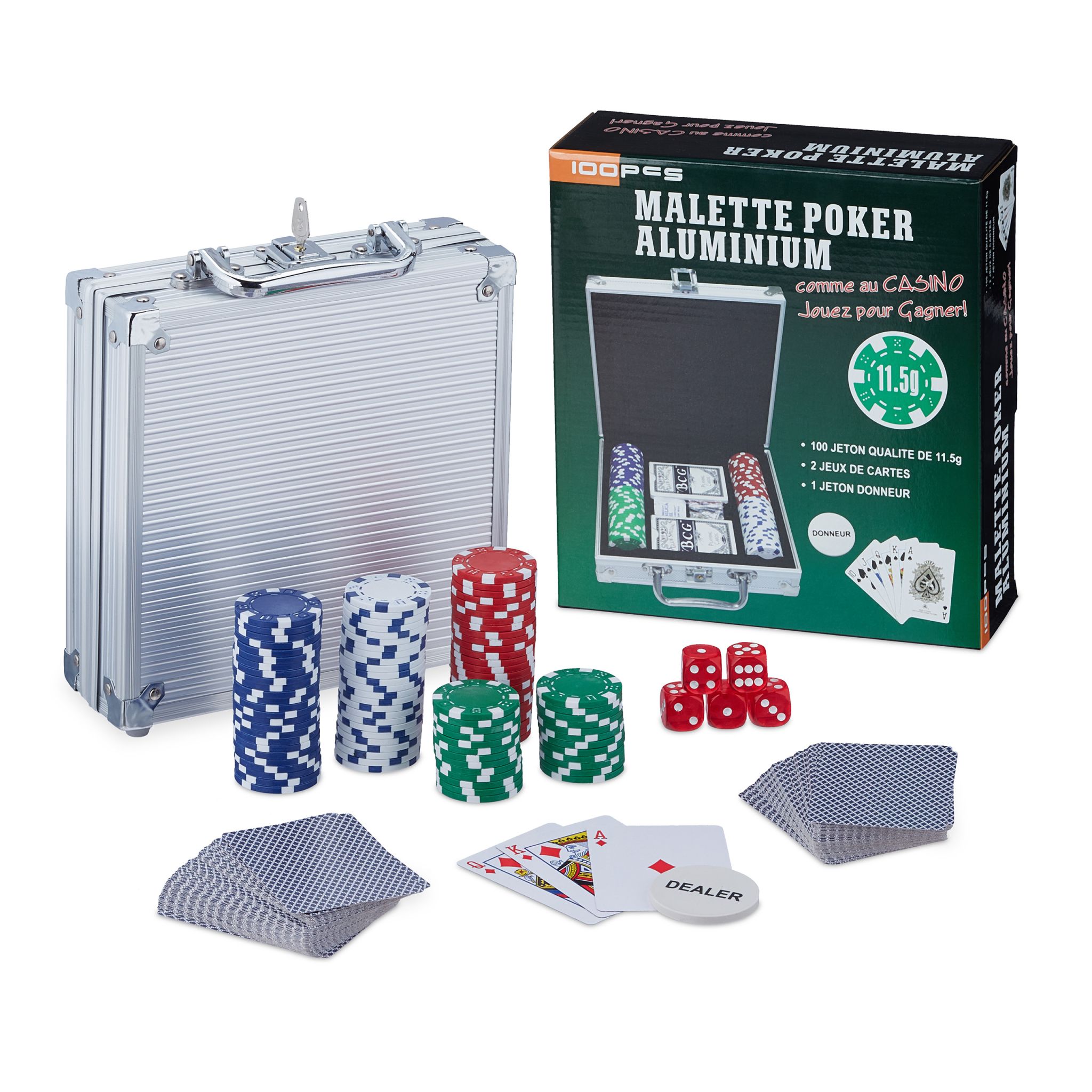 Pokerkoffer mit 100 Chips Silber von Relaxdays