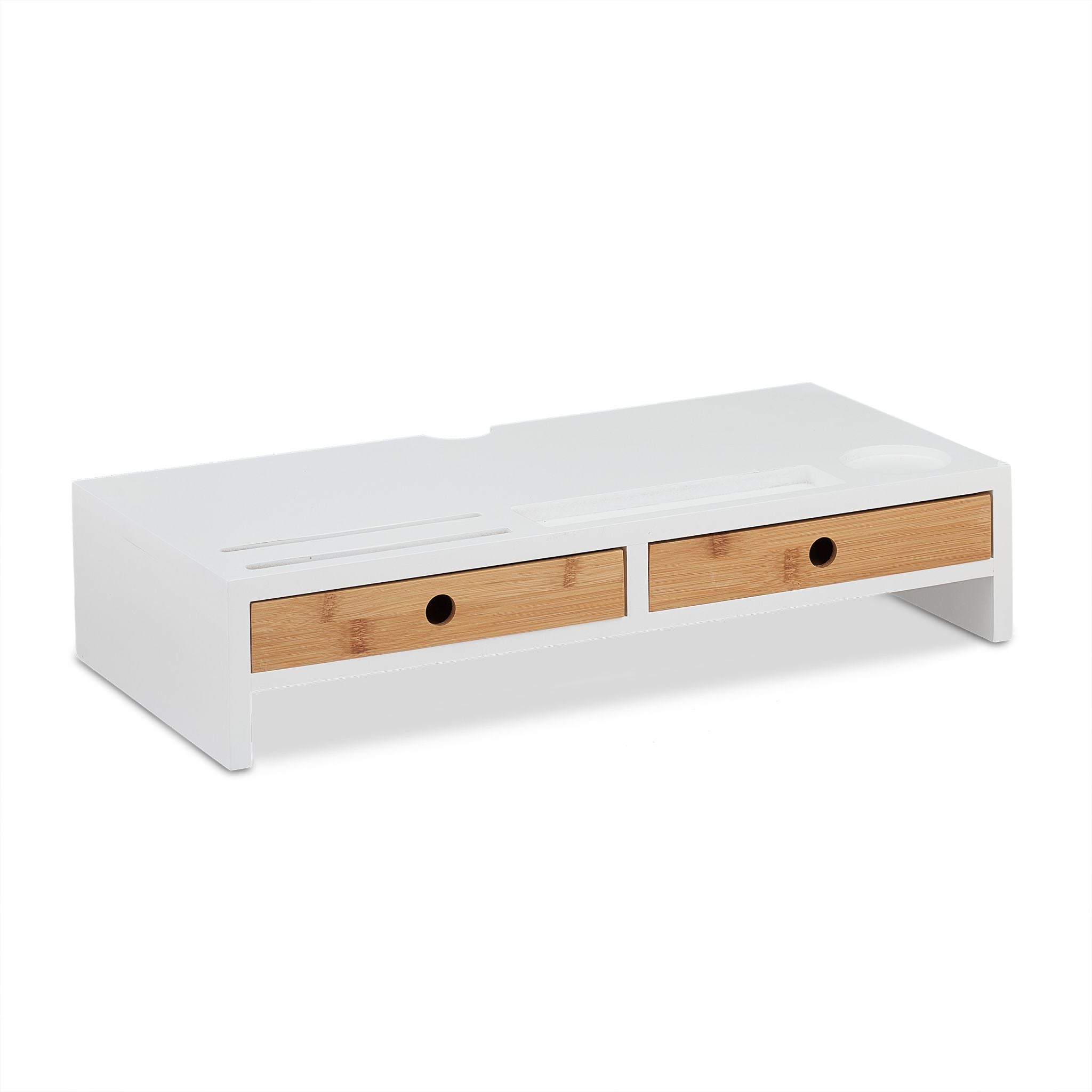 Monitorständer mit Schubladen Weiss-Hellbraun von Relaxdays