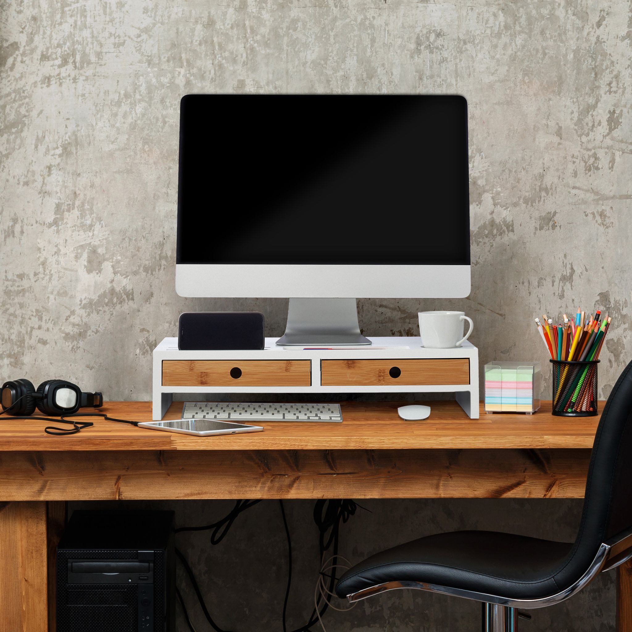 Monitorständer mit Schubladen Weiss-Hellbraun von Relaxdays
