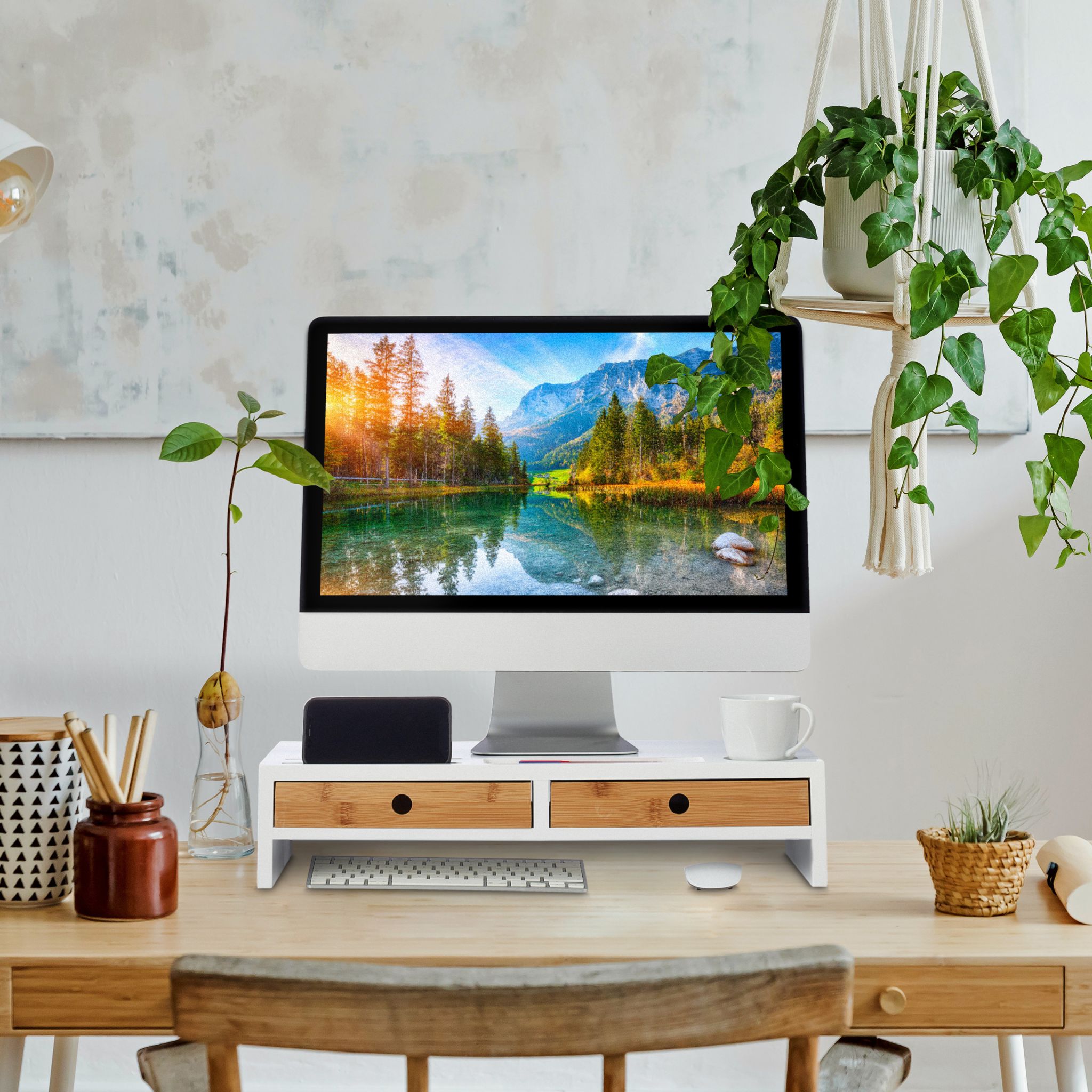 Monitorständer mit Schubladen Weiss-Hellbraun von Relaxdays