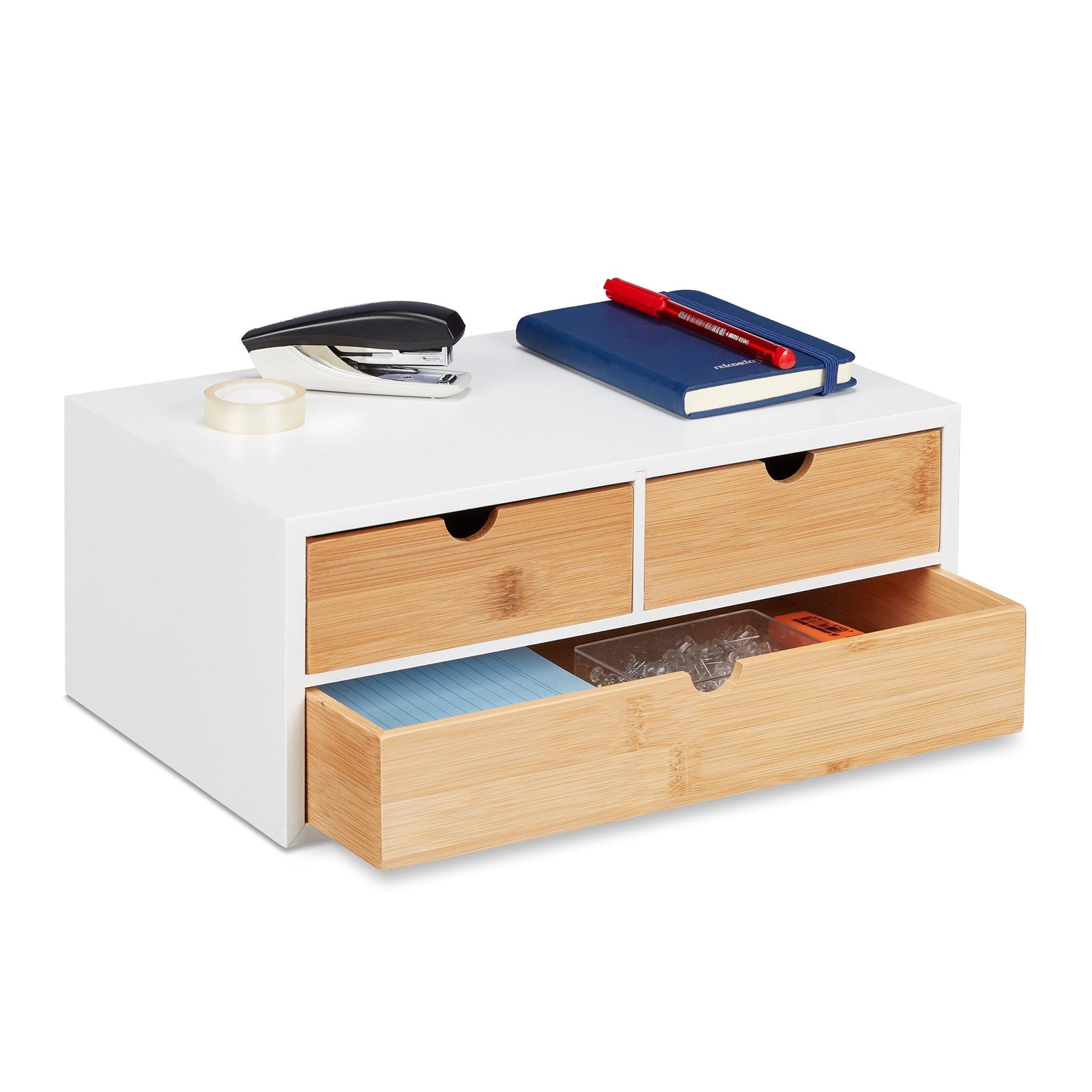 Schreibtisch Organizer 3 Schubladen Weiss-Hellbraun von Relaxdays