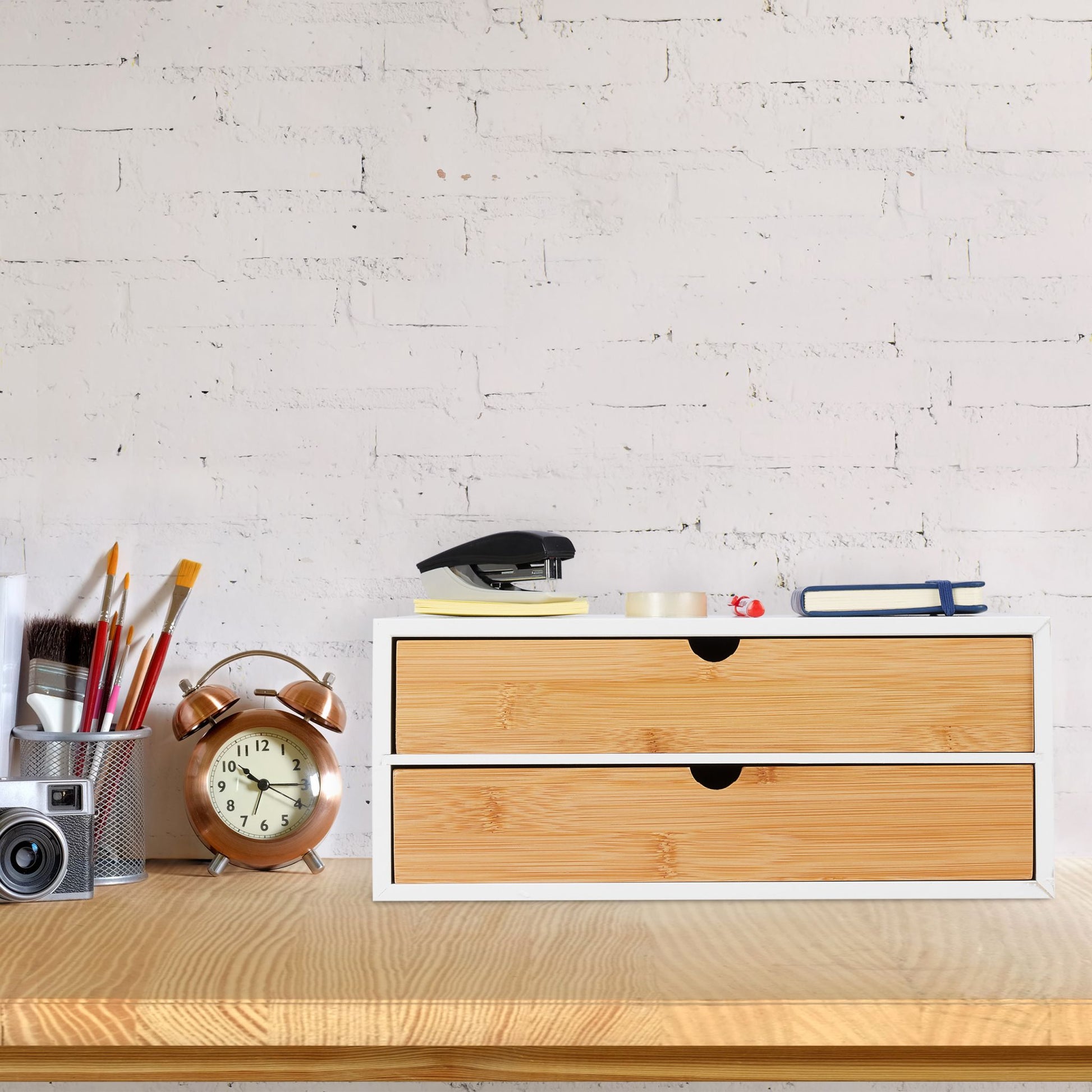 Schubladenbox Bambus & MDF 2 Fächer Weiss-Hellbraun von Relaxdays