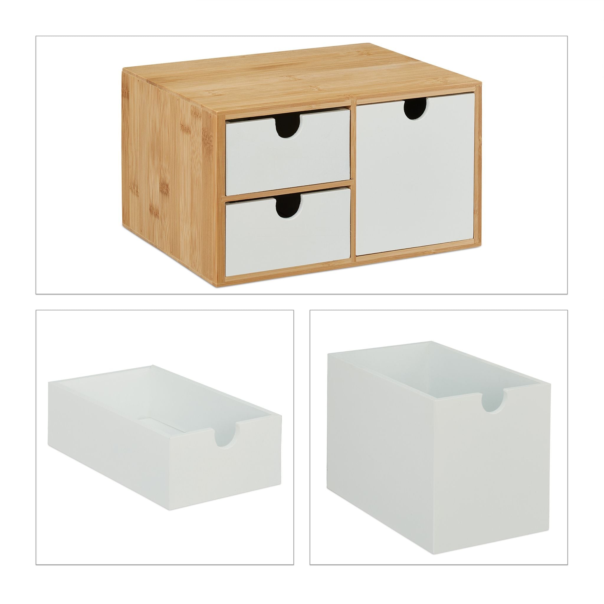 Schubladenbox Bambus & MDF 3 Fächer Weiss-Hellbraun von Relaxdays