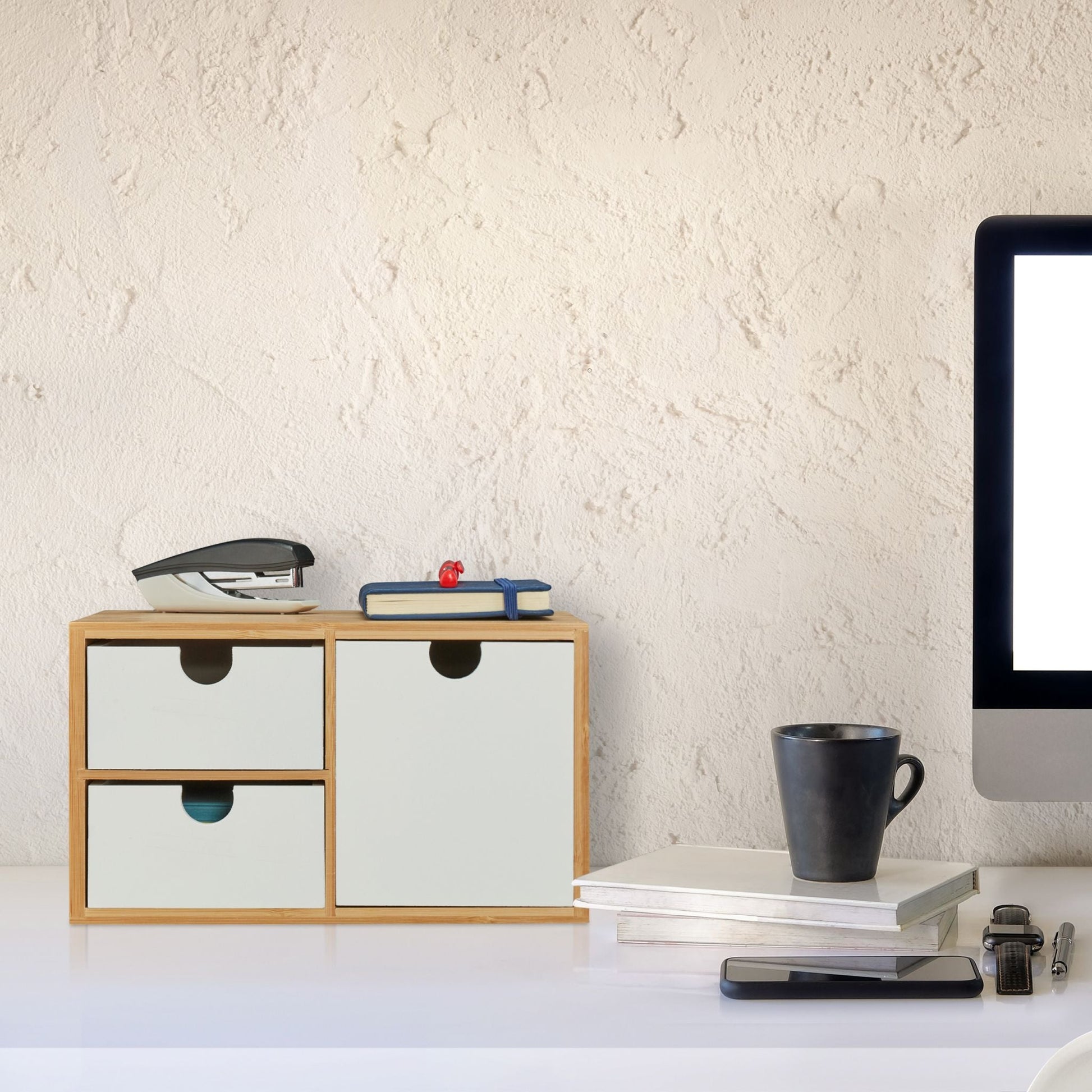Schubladenbox Bambus & MDF 3 Fächer Weiss-Hellbraun von Relaxdays