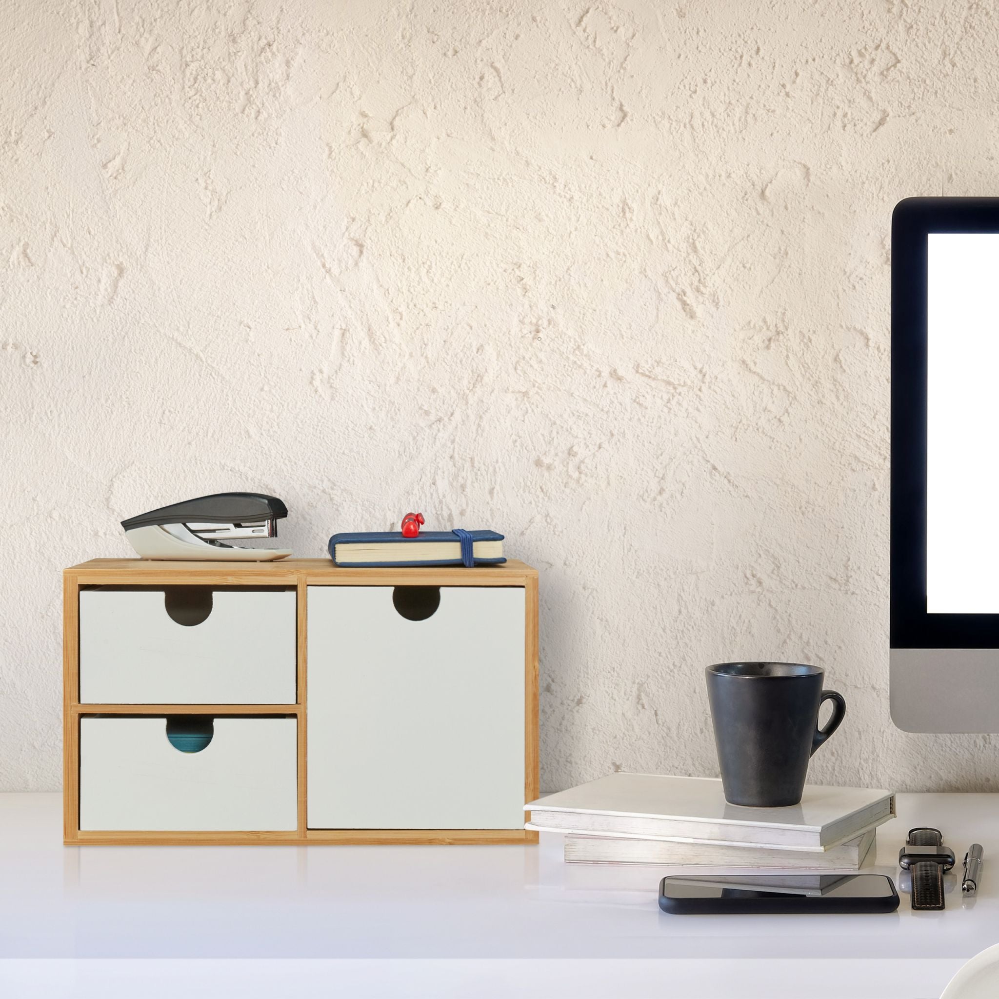Schubladenbox Bambus & MDF 3 Fächer Weiss-Hellbraun von Relaxdays