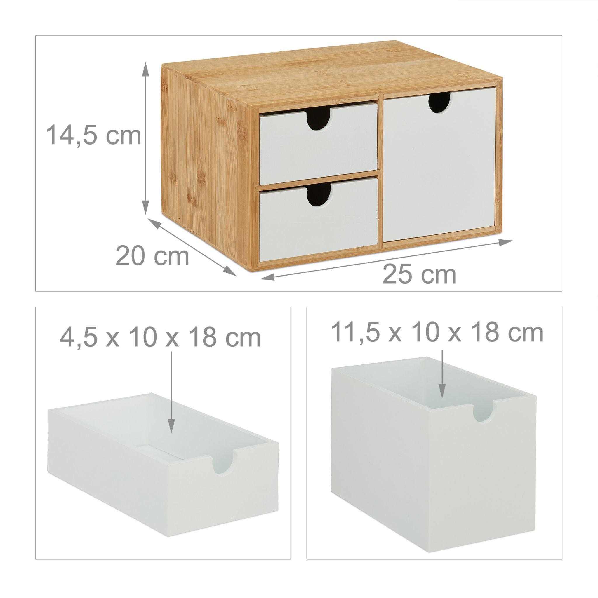 Schubladenbox Bambus & MDF 3 Fächer Weiss-Hellbraun von Relaxdays
