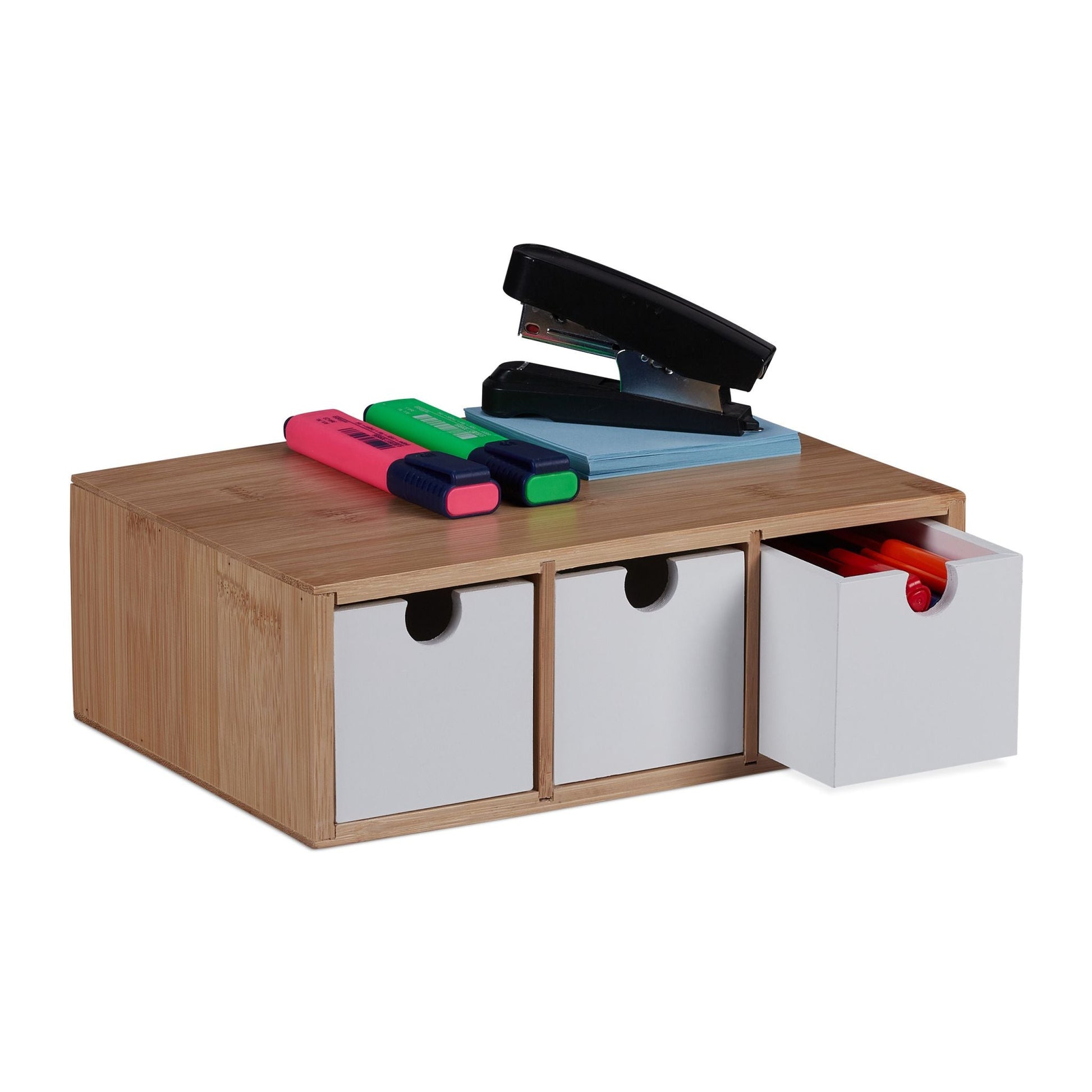 Schubladenbox Bambus & MDF 3 Fächer Weiss-Hellbraun von Relaxdays