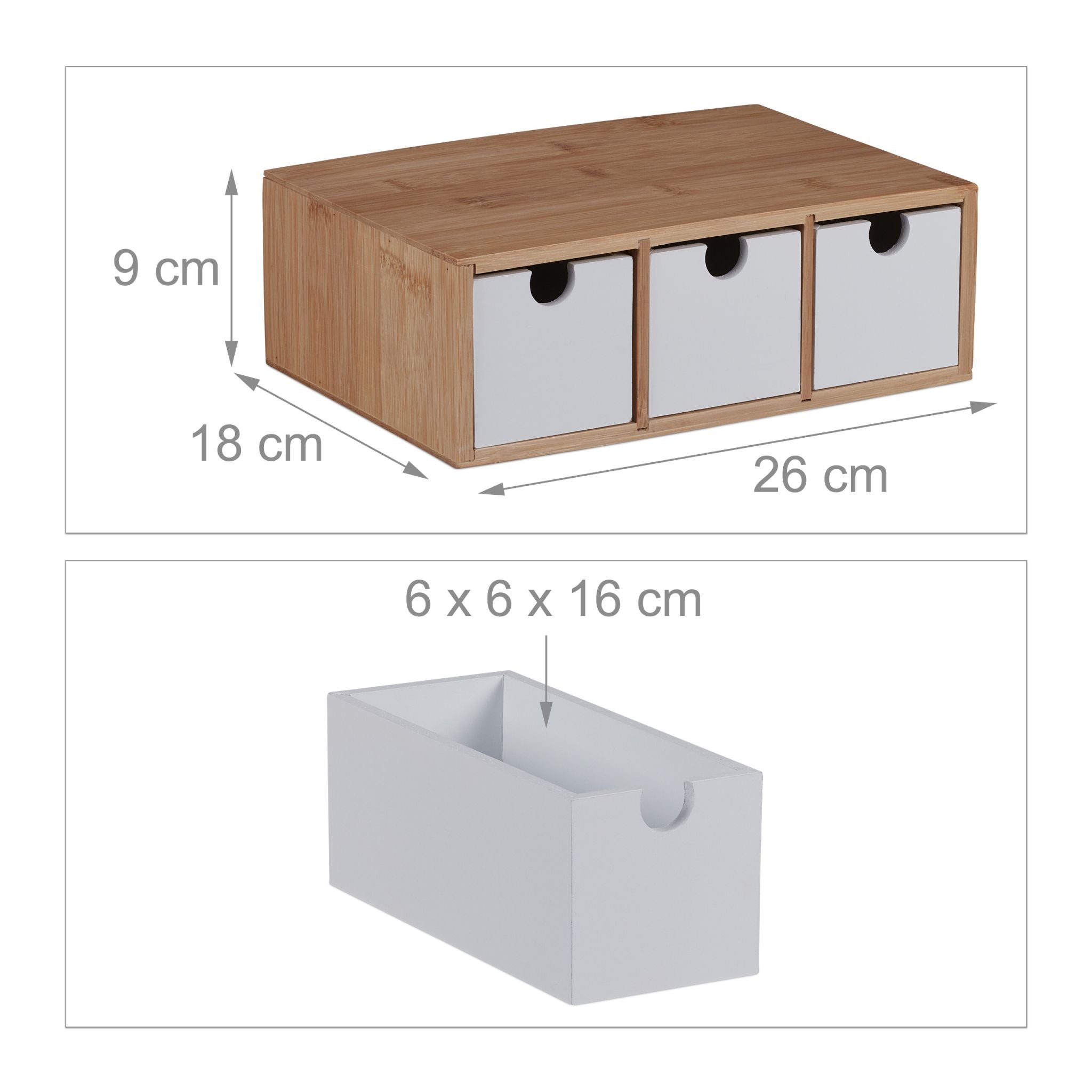Schubladenbox Bambus & MDF 3 Fächer Weiss-Hellbraun von Relaxdays