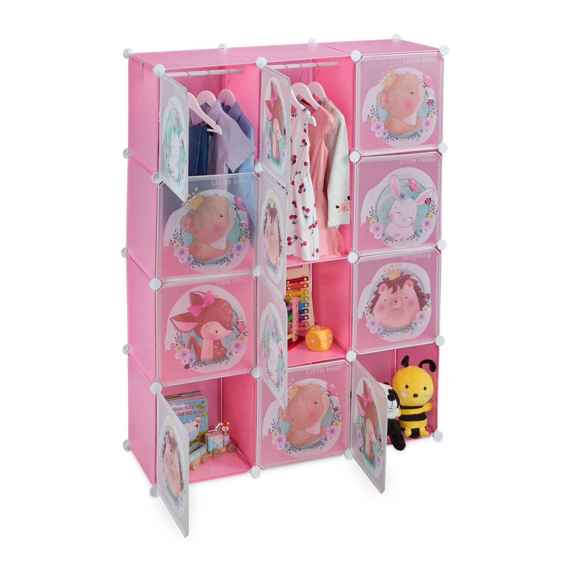 Kinder Steckregal mit Kleiderstangen Weiss-Braun-Rosa von Relaxdays