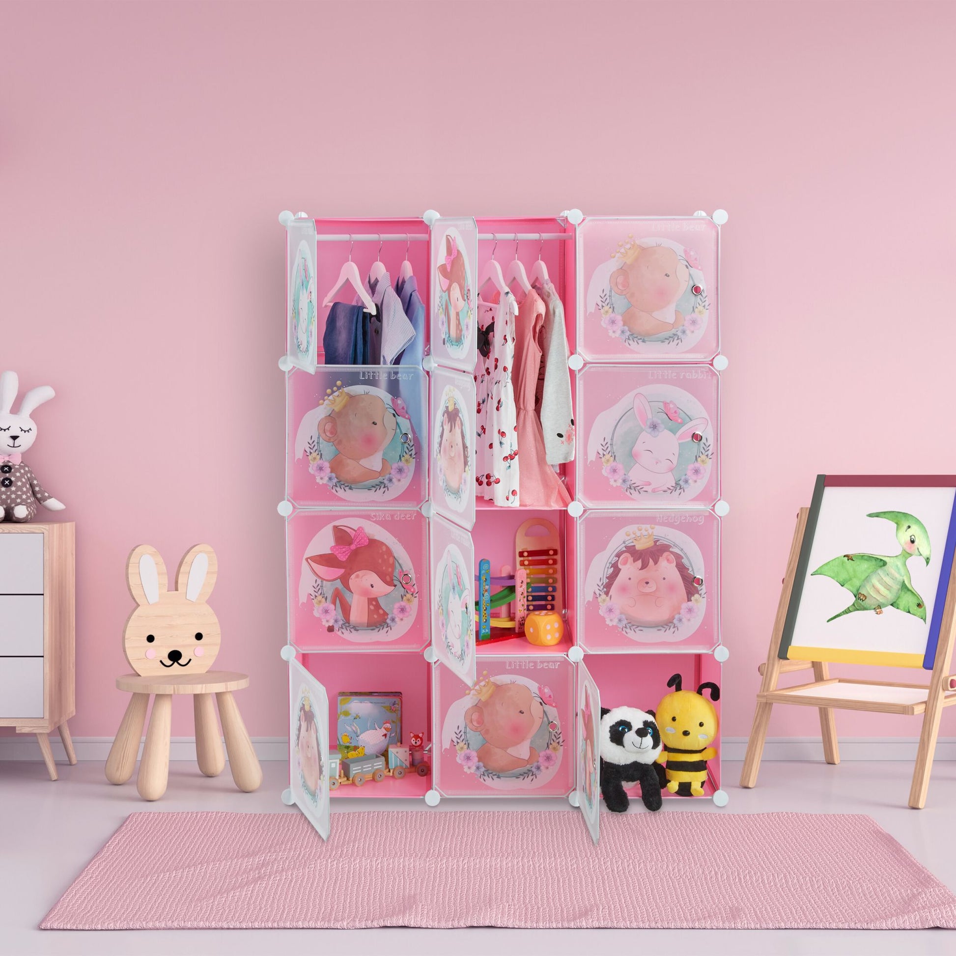 Kinder Steckregal mit Kleiderstangen Weiss-Braun-Rosa von Relaxdays