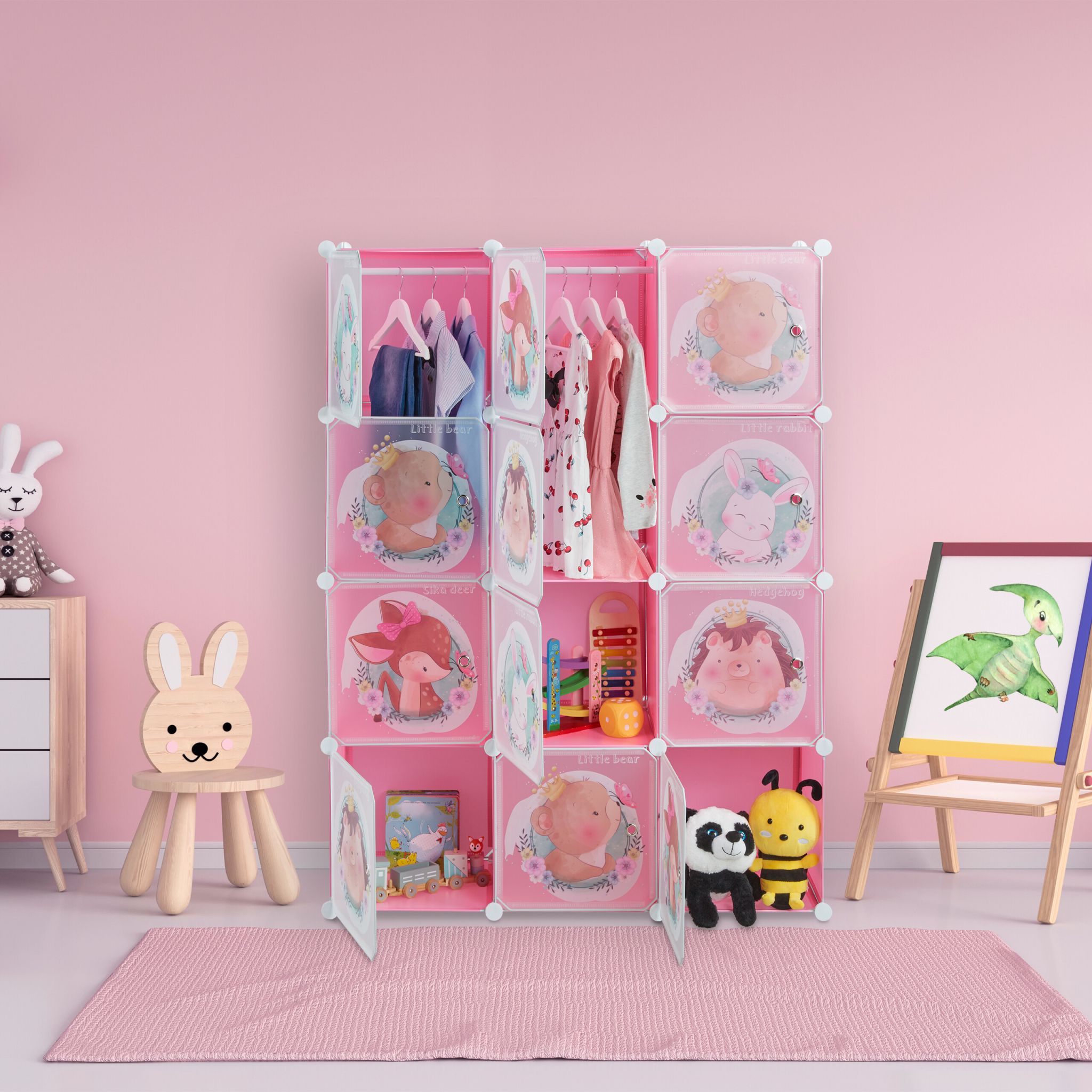 Kinder Steckregal mit Kleiderstangen Weiss-Braun-Rosa von Relaxdays