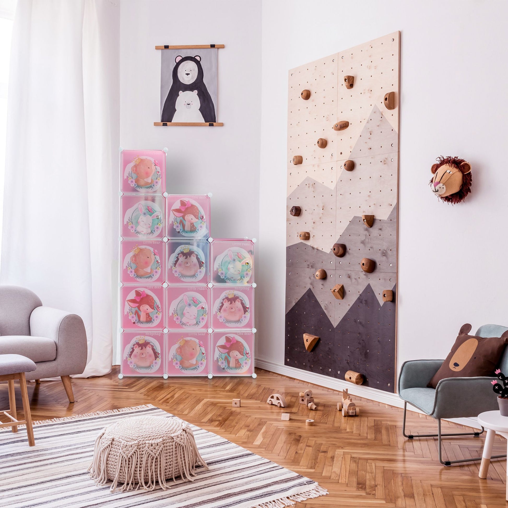Kinder Steckregal mit Kleiderstangen Weiss-Braun-Rosa von Relaxdays