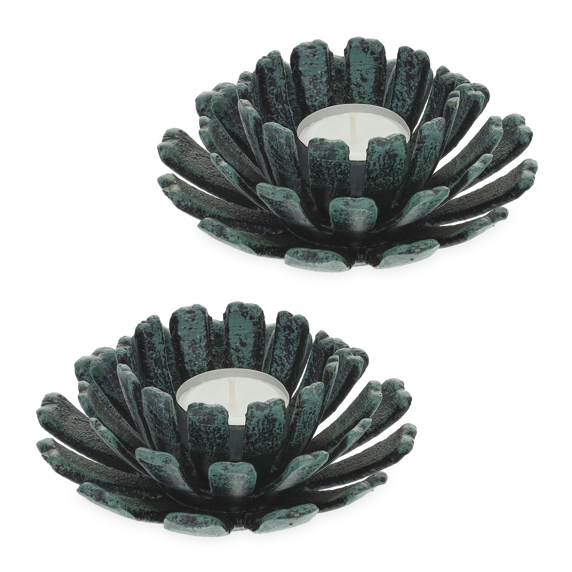 Teelichthalter Blumenform 2er-Set Dunkelgrün-Schwarz von Relaxdays
