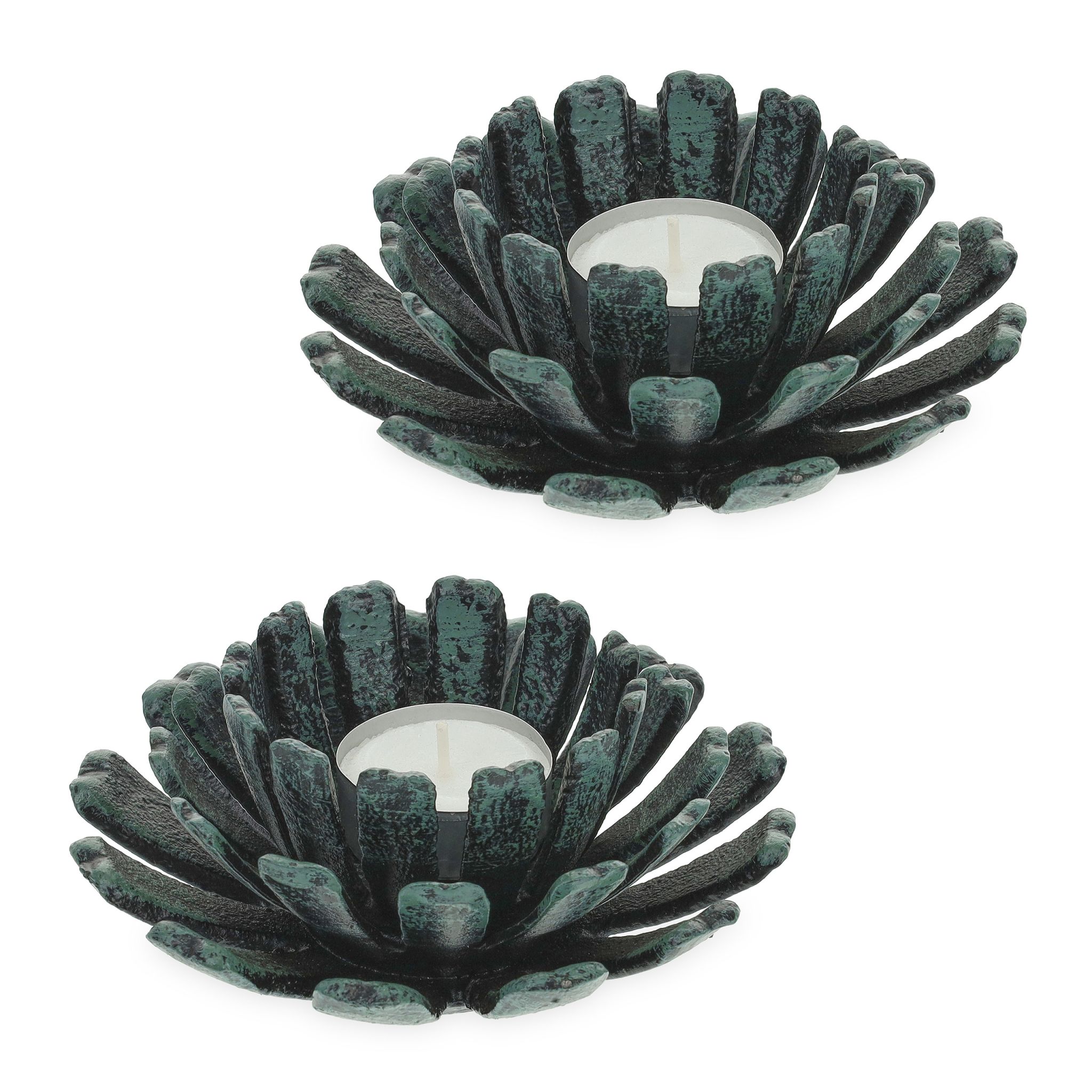 Teelichthalter Blumenform 2er-Set Dunkelgrün-Schwarz von Relaxdays