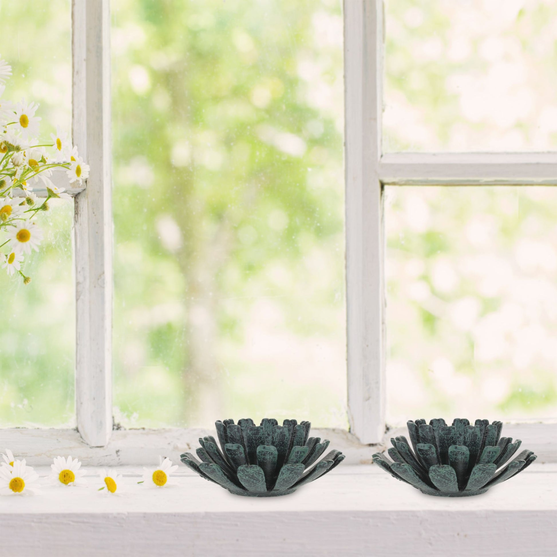Teelichthalter Blumenform 2er-Set Dunkelgrün-Schwarz von Relaxdays