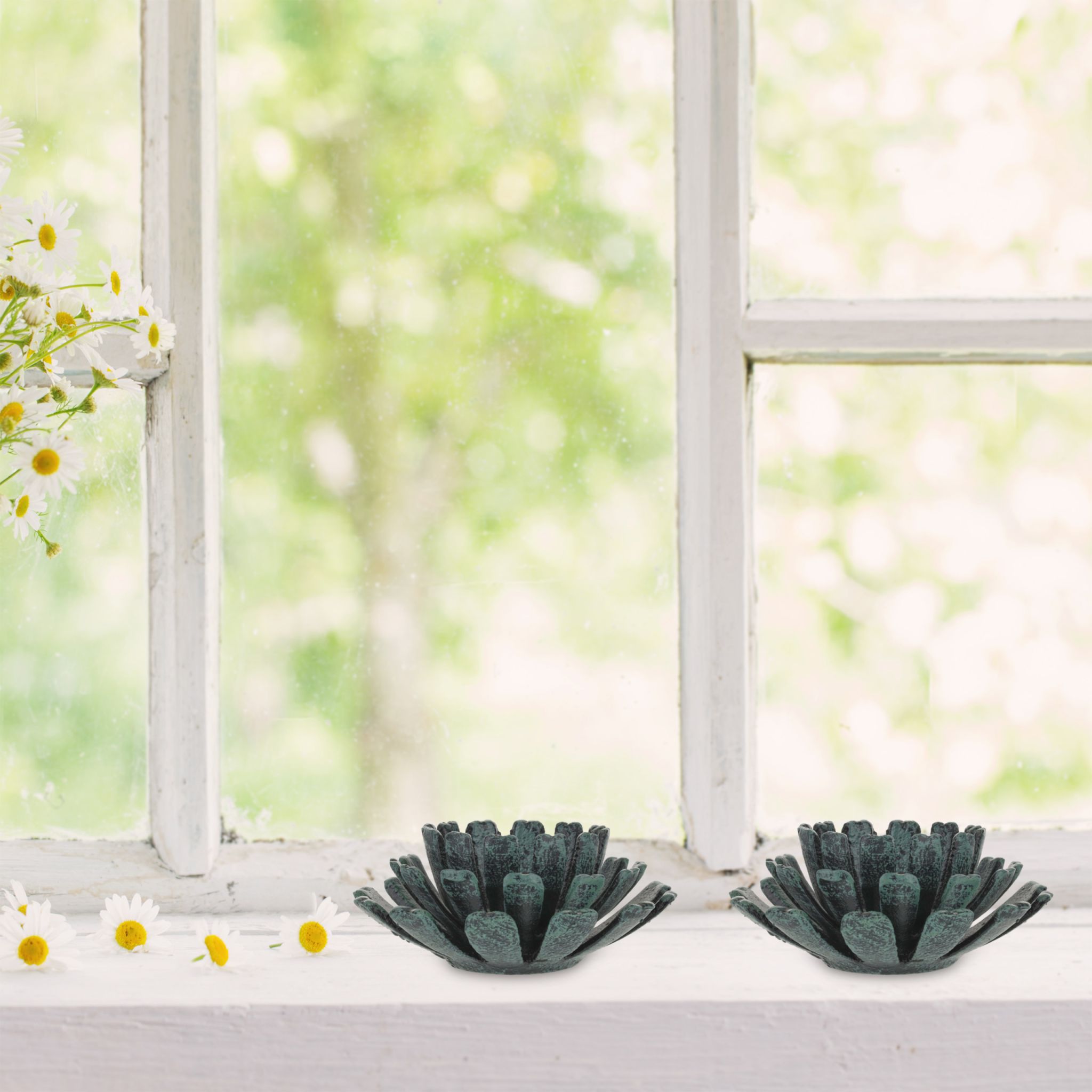 Teelichthalter Blumenform 2er-Set Dunkelgrün-Schwarz von Relaxdays