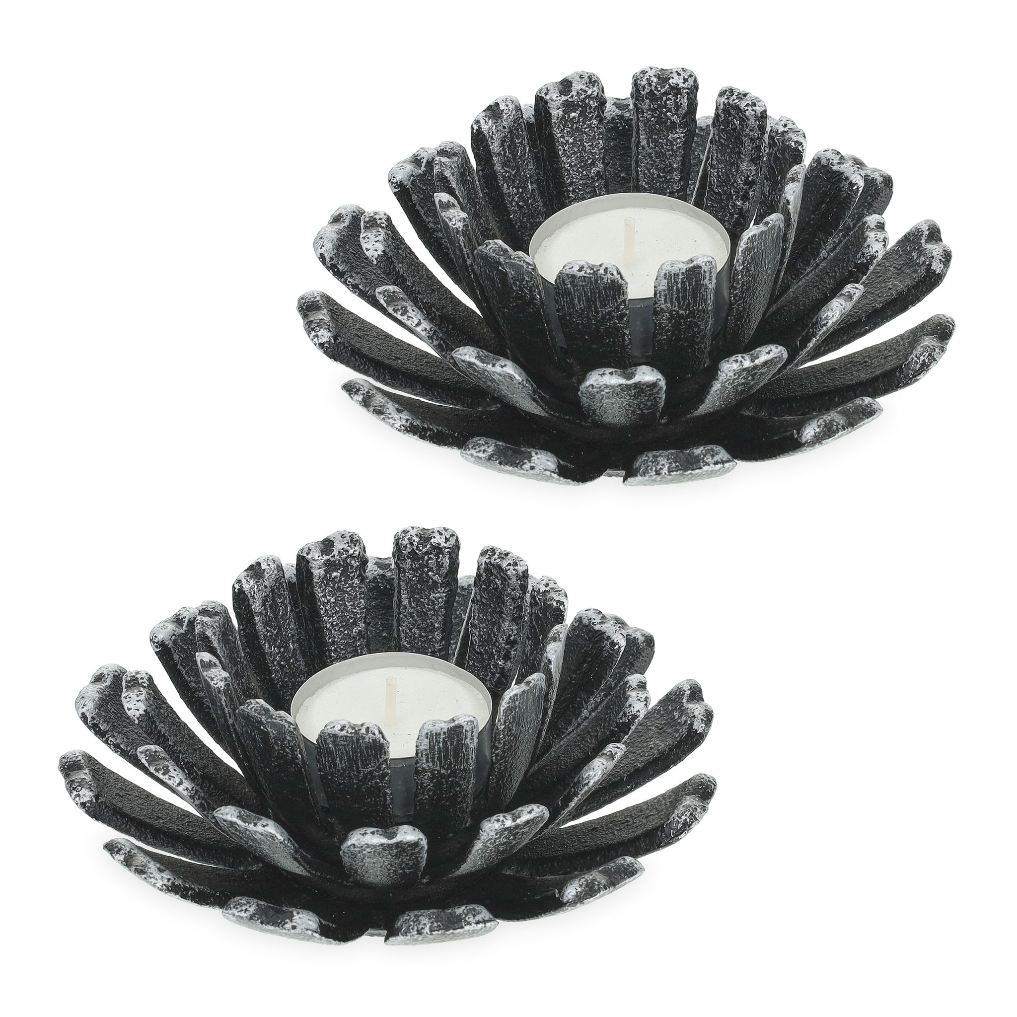 Teelichthalter Blumenform 2er-Set Schwarz-Silber von Relaxdays
