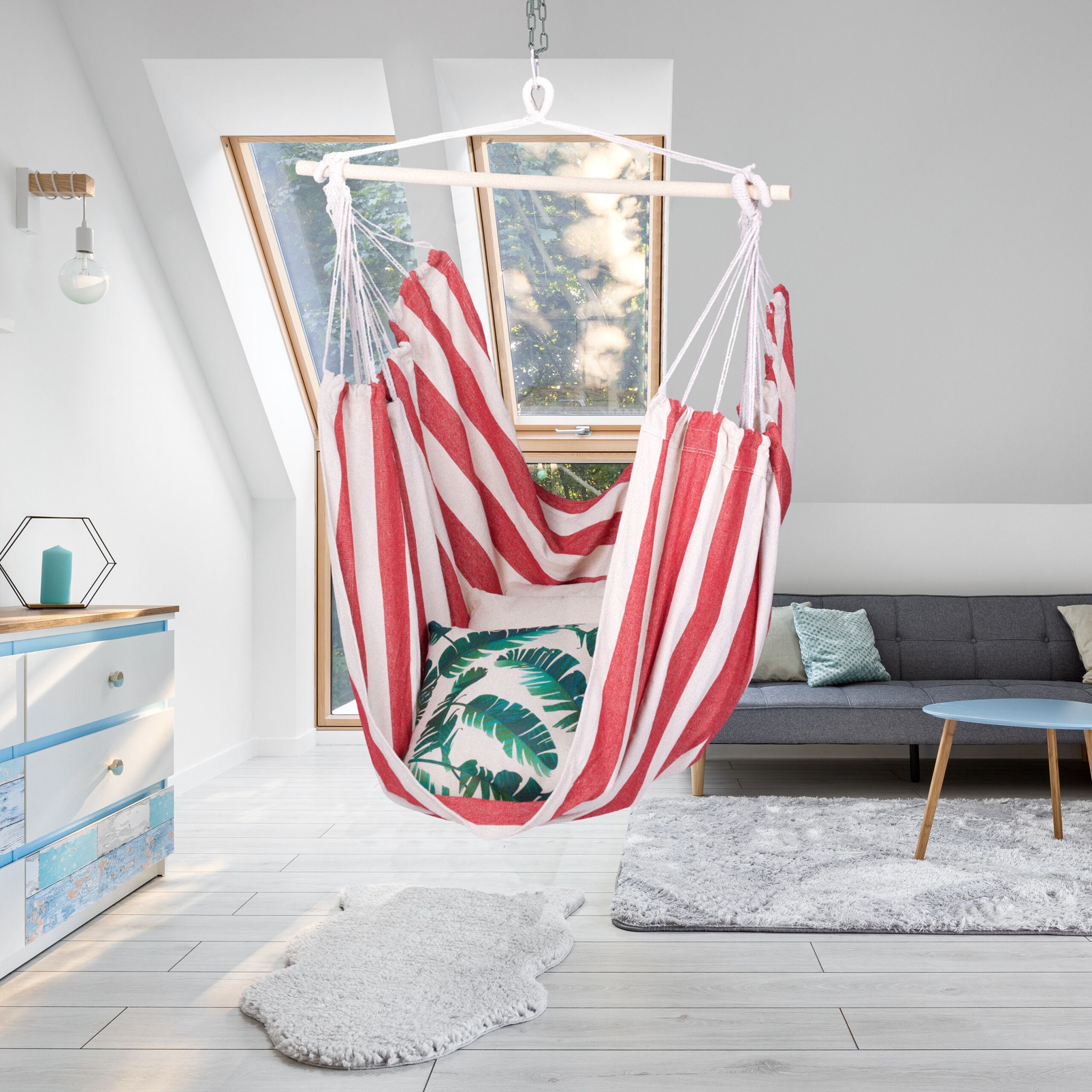 Hängesessel mit Streifen Weiss-Hellbraun-Rot von Relaxdays