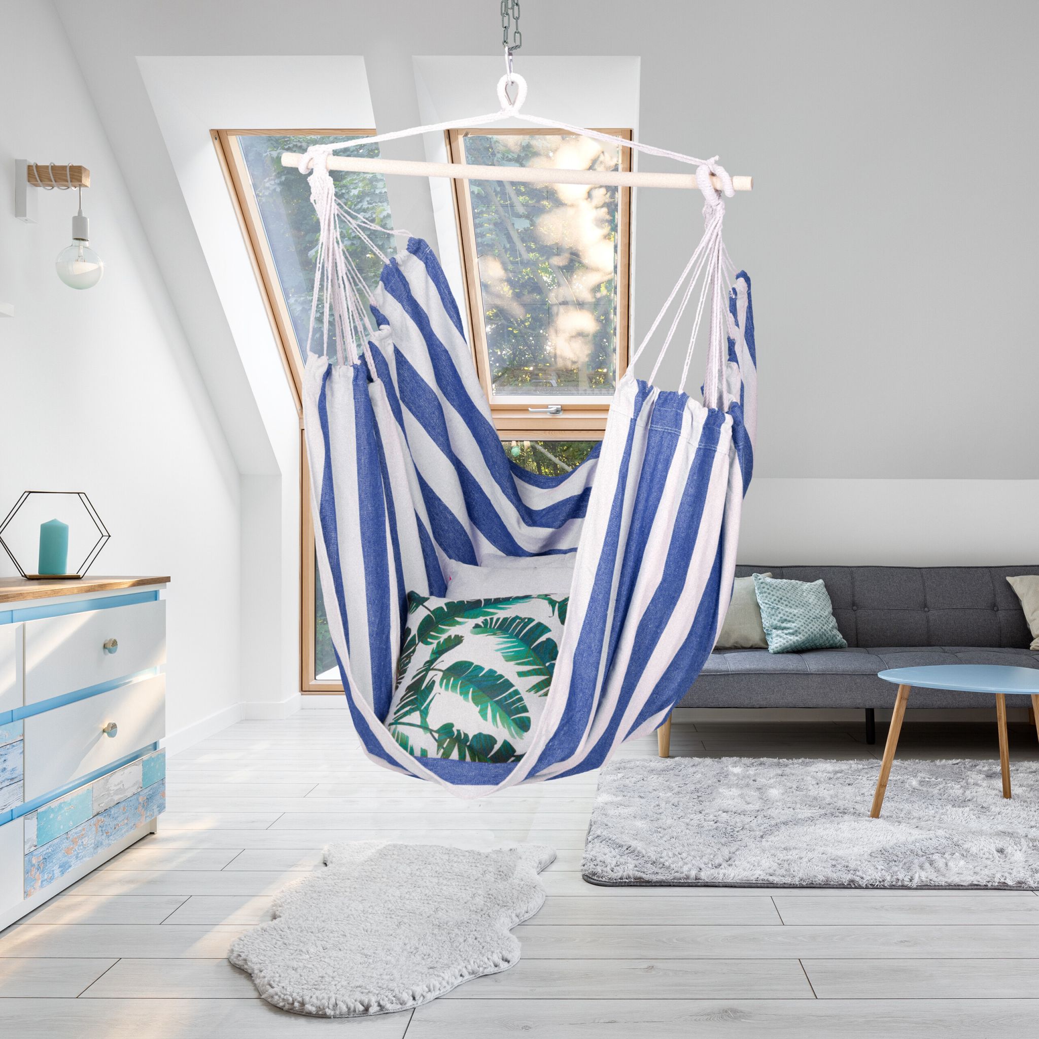 Hängesessel mit Streifen Weiss-Blau-Hellbraun von Relaxdays