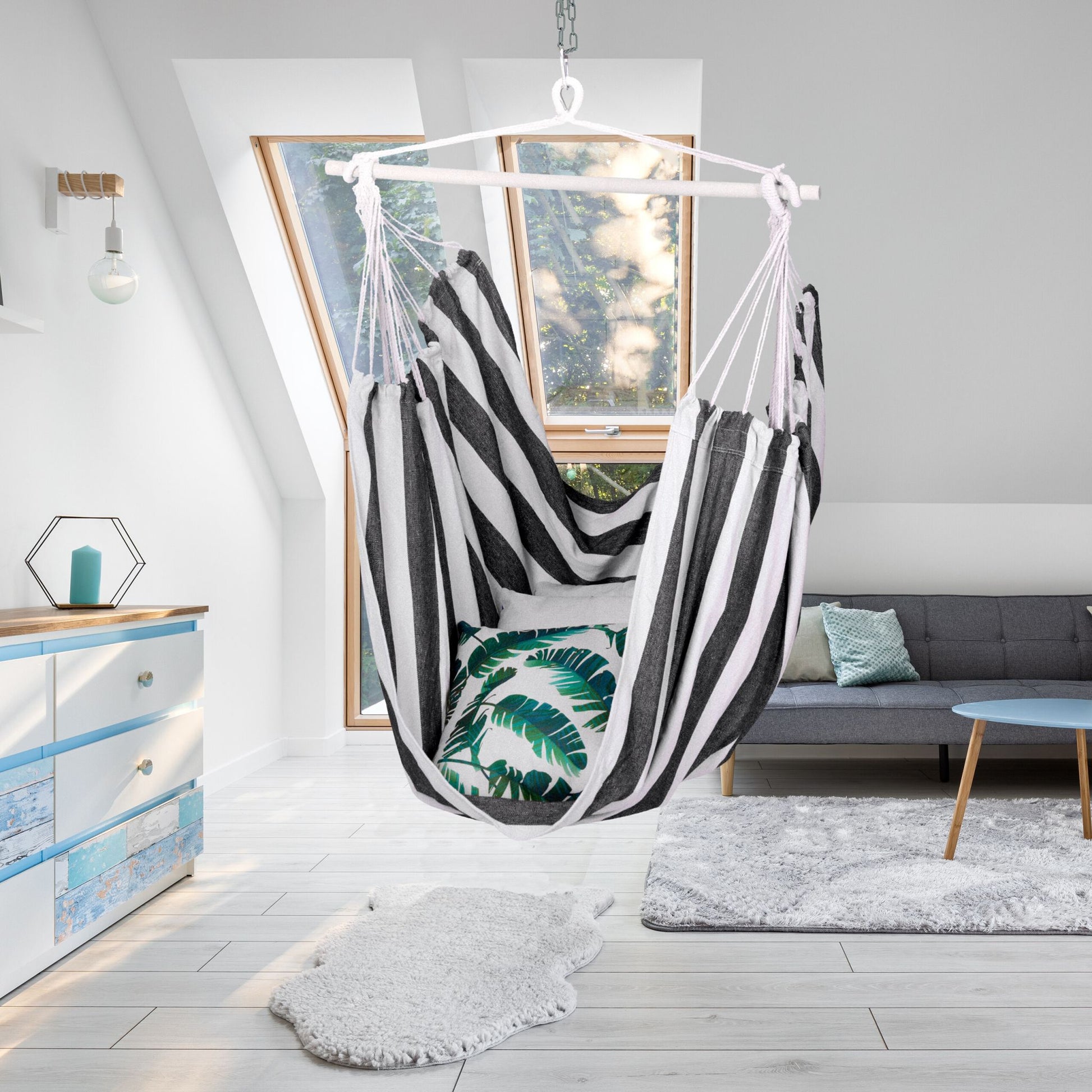 Hängesessel mit Streifen Weiss-Hellbraun-Schwarz von Relaxdays