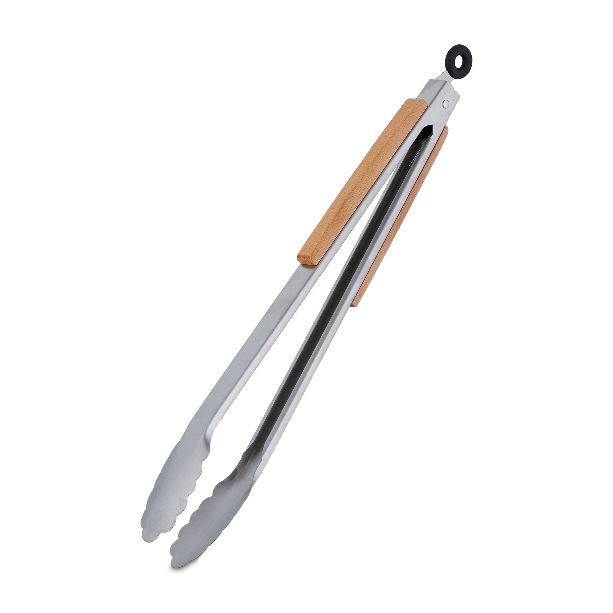 Edelstahl Grillzange mit Holzgriff Hellbraun-Schwarz-Silber von Relaxdays