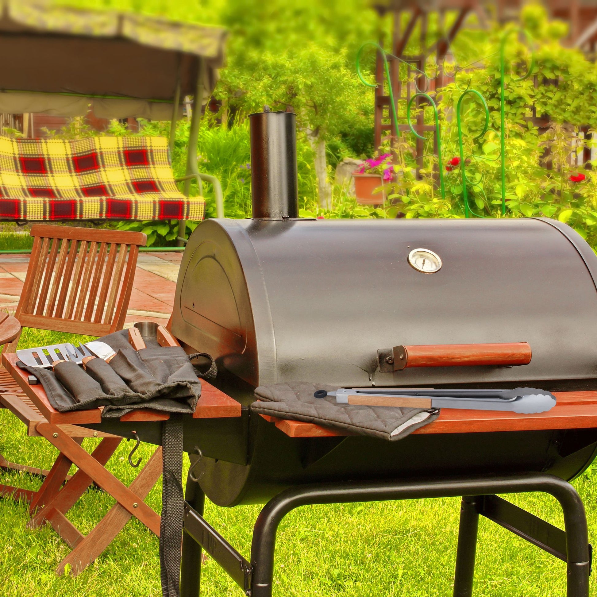 Edelstahl Grillzange mit Holzgriff Hellbraun-Schwarz-Silber von Relaxdays