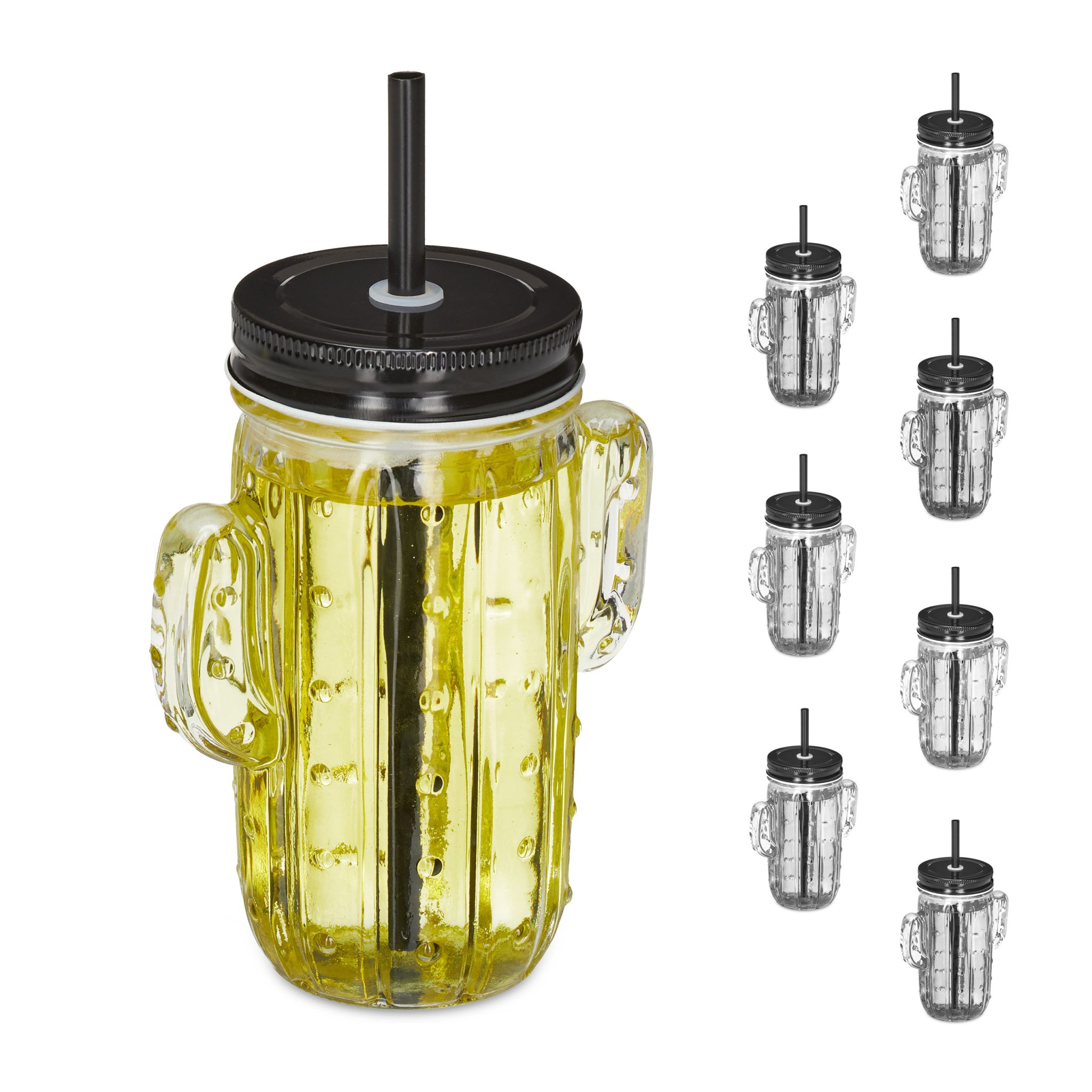 Trinkgläser Kaktus mit Strohhalm 8er-Set Schwarz-Transparent von Relaxdays
