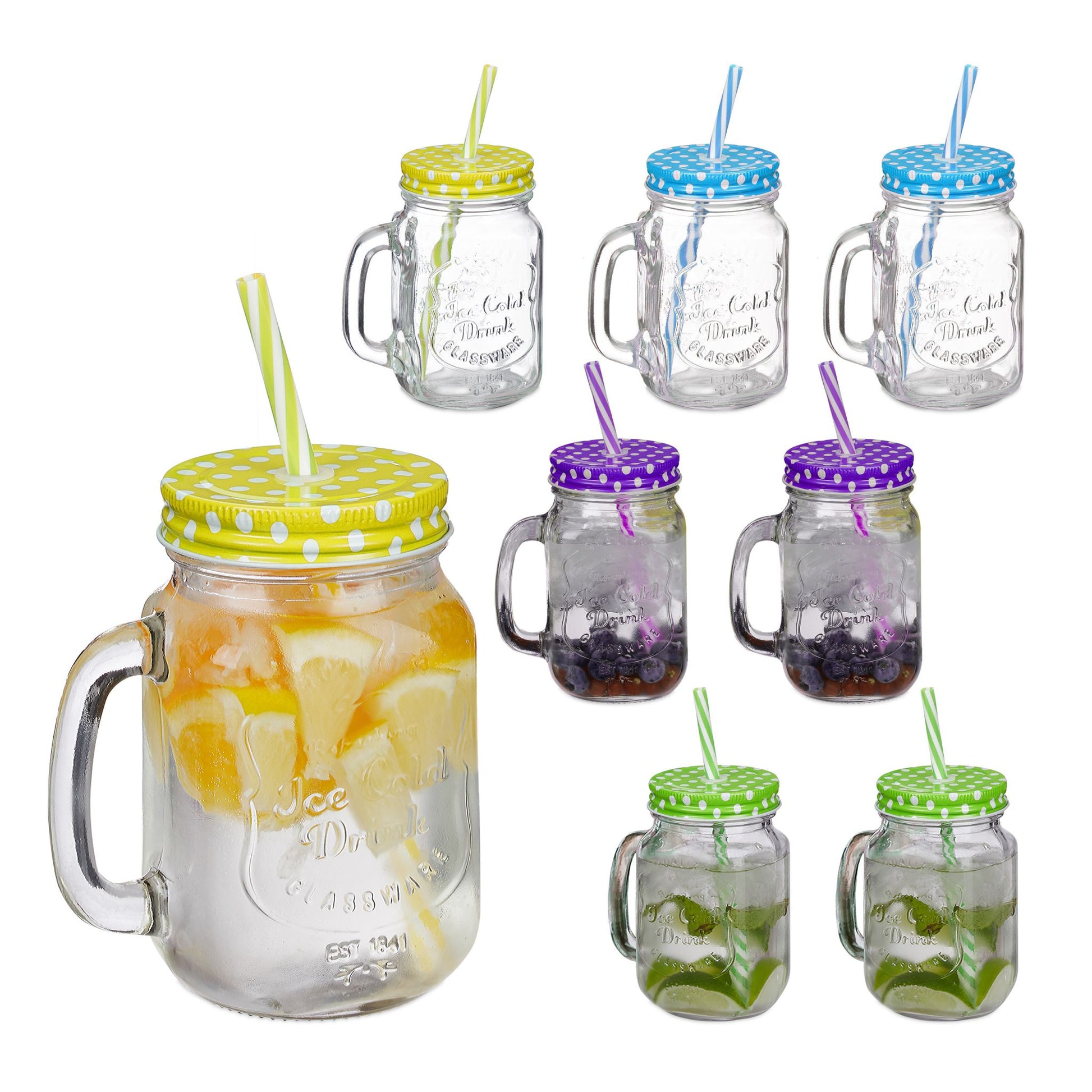 Trinkgläser mit Deckel 8er-Set Blau-Grün-Transparent von Relaxdays