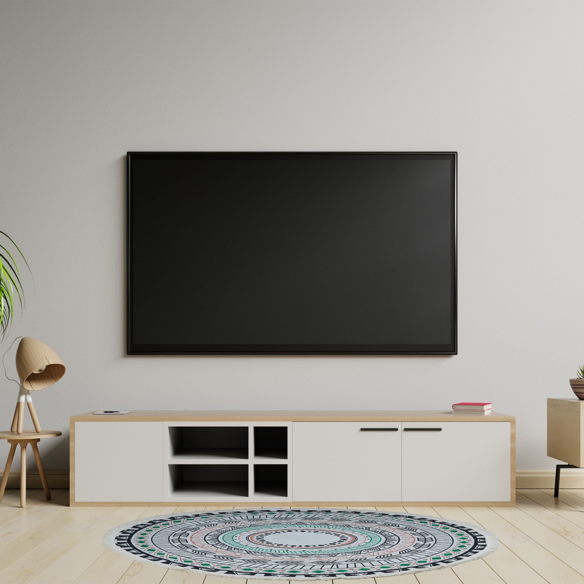 Runder Teppich mit Mandala-Design Creme-Grün-Schwarz von guteszeug.ch