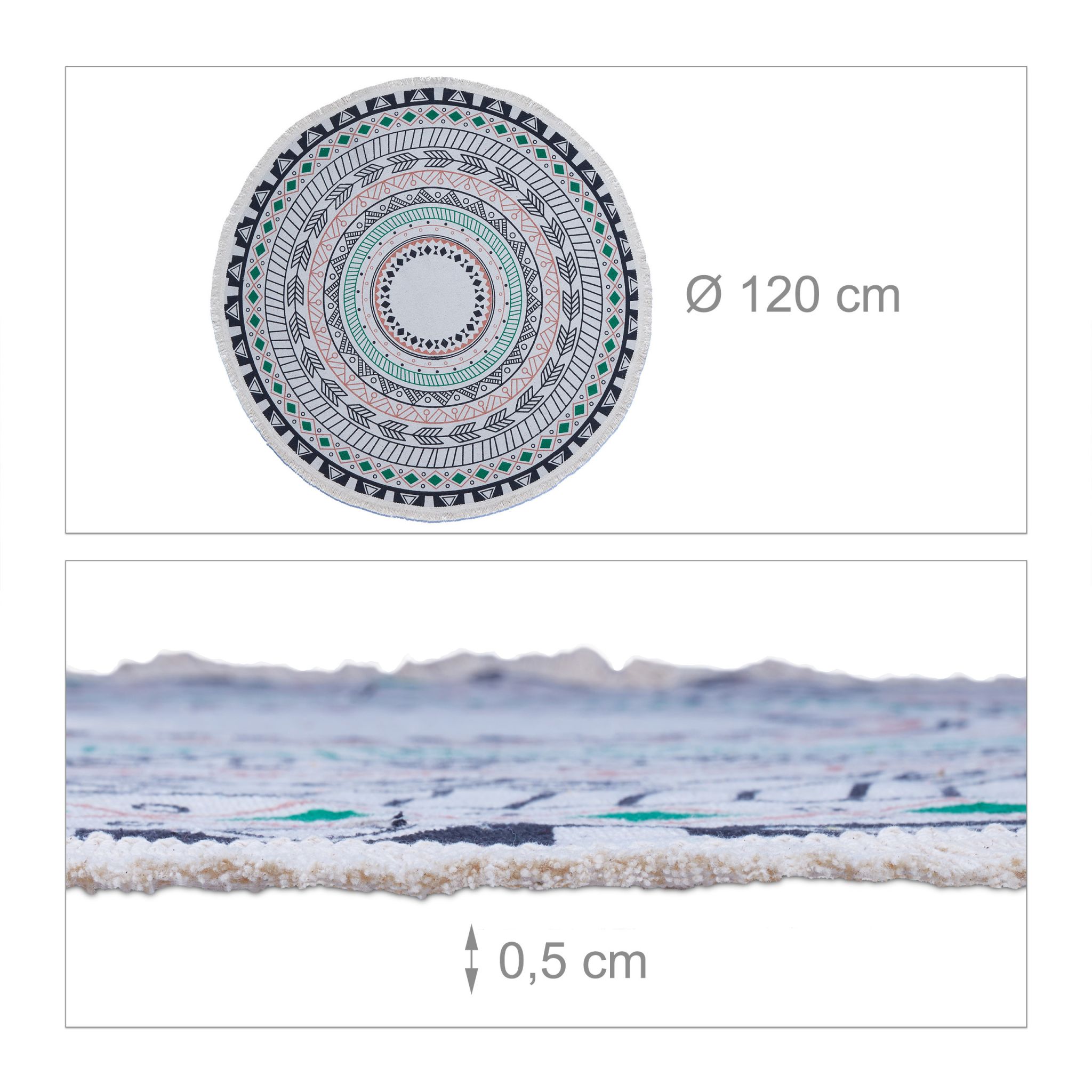 Runder Teppich mit Mandala-Design Creme-Grün-Schwarz von guteszeug.ch