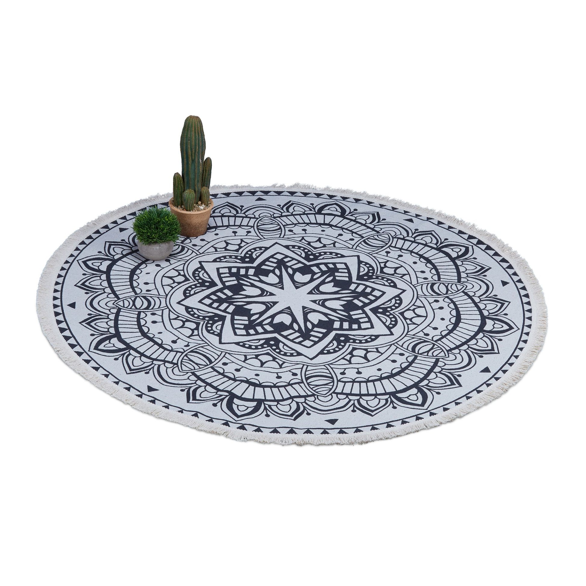 Runder Teppich Mandala-Design Creme-Schwarz von guteszeug.ch