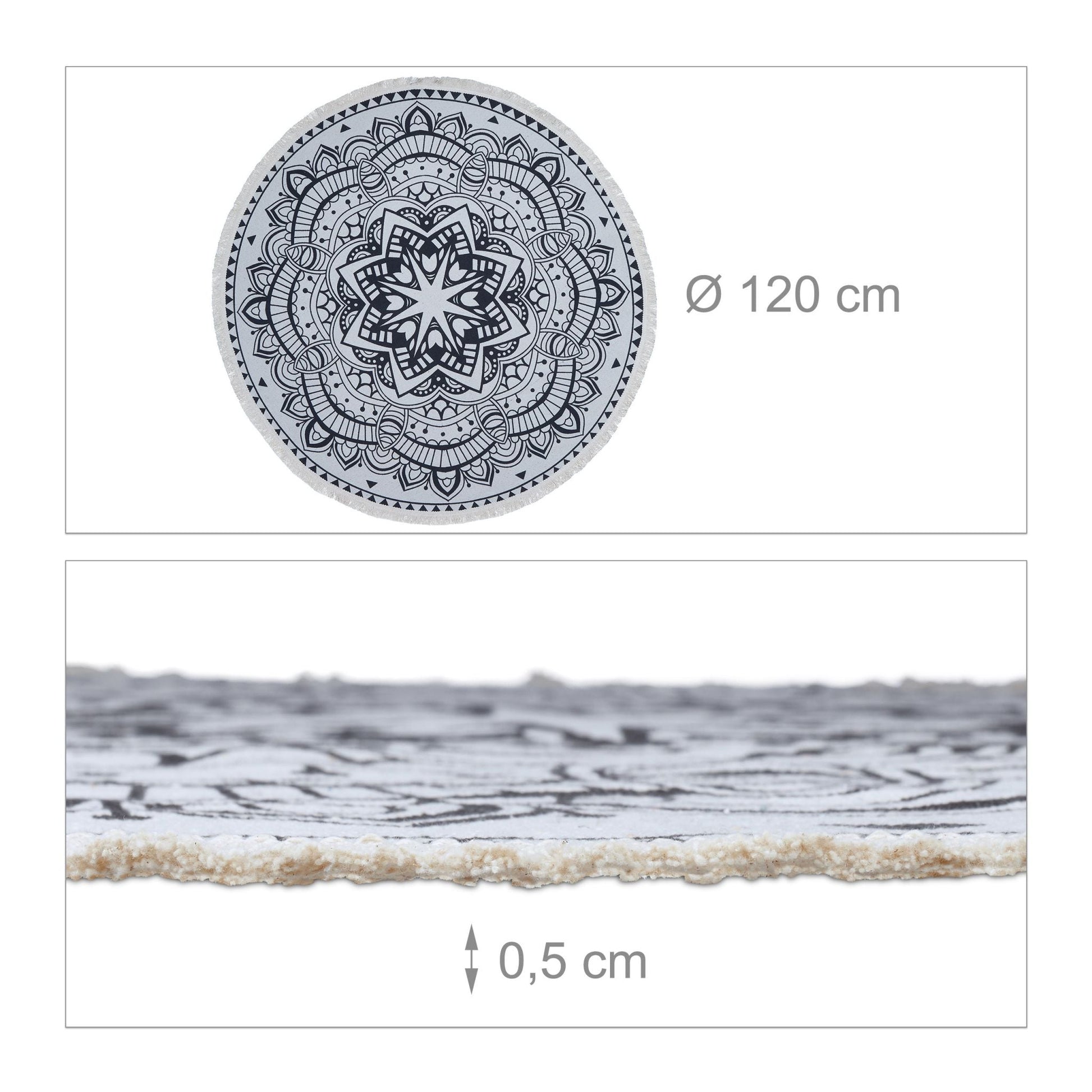 Runder Teppich Mandala-Design Creme-Schwarz von guteszeug.ch