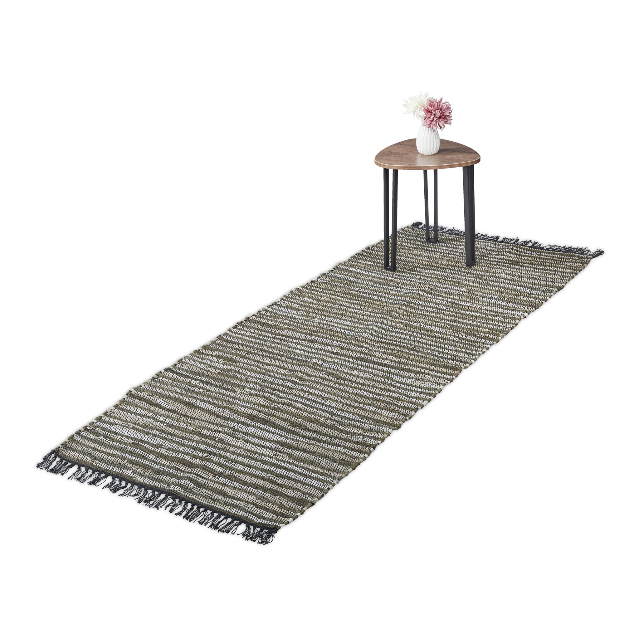 Flickenteppich Leder & Baumwolle Beige-Dunkelgrün-Schwarz von guteszeug.ch