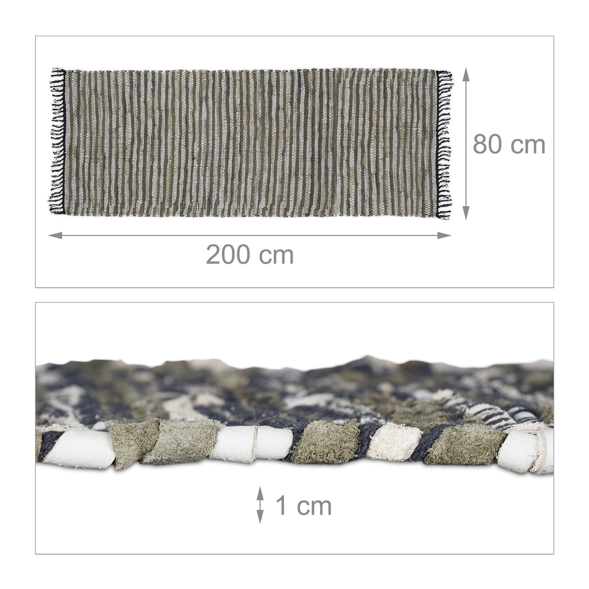 Flickenteppich Leder & Baumwolle Beige-Dunkelgrün-Schwarz von guteszeug.ch