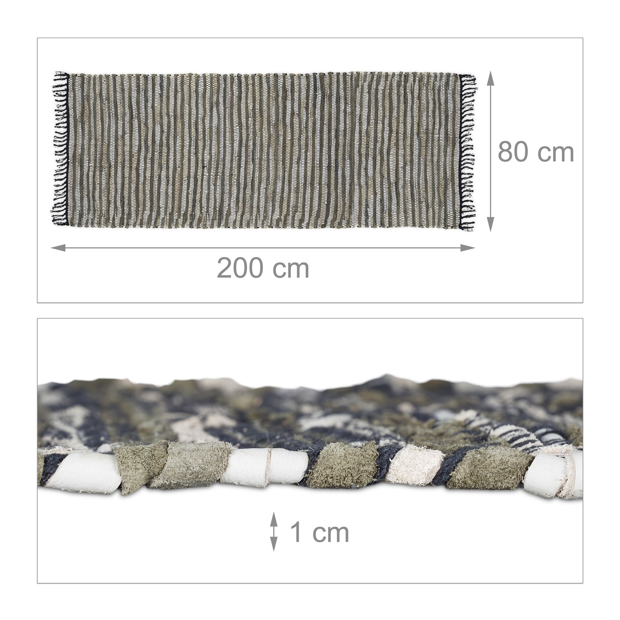 Flickenteppich Leder & Baumwolle Beige-Dunkelgrün-Schwarz von guteszeug.ch