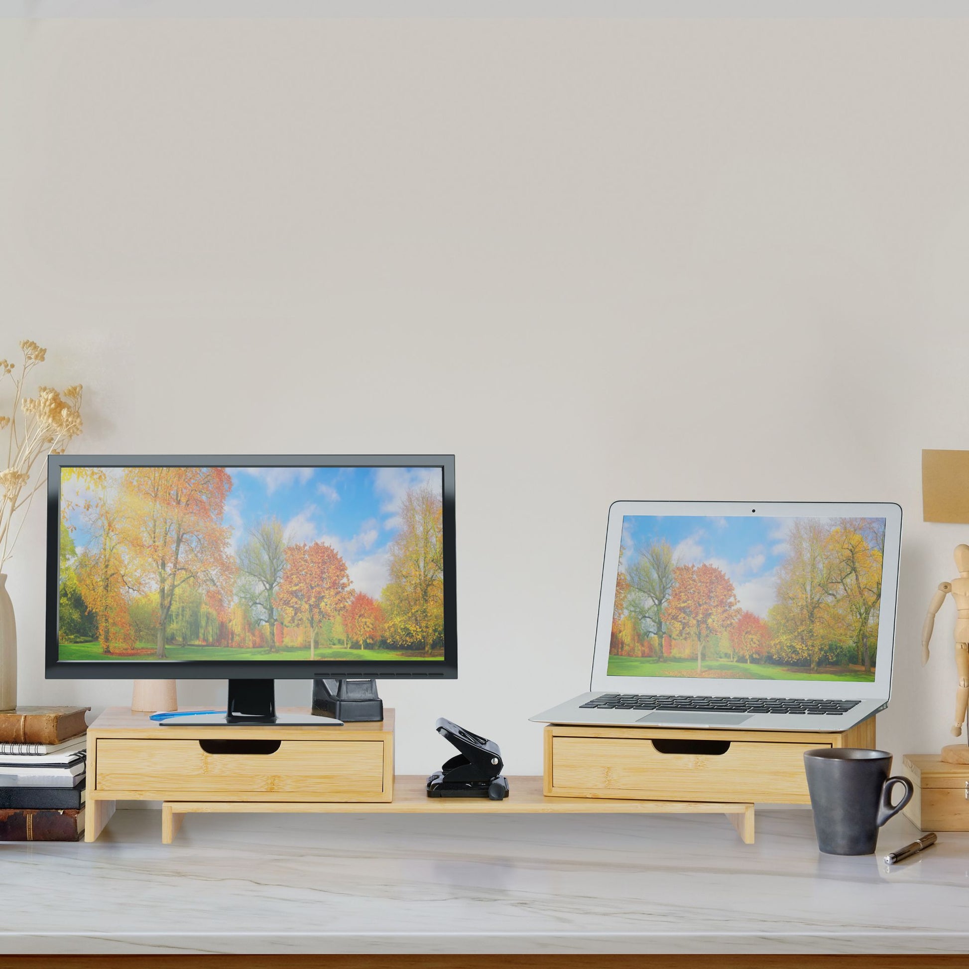 Monitorständer für 2 Monitore Hellbraun von Relaxdays