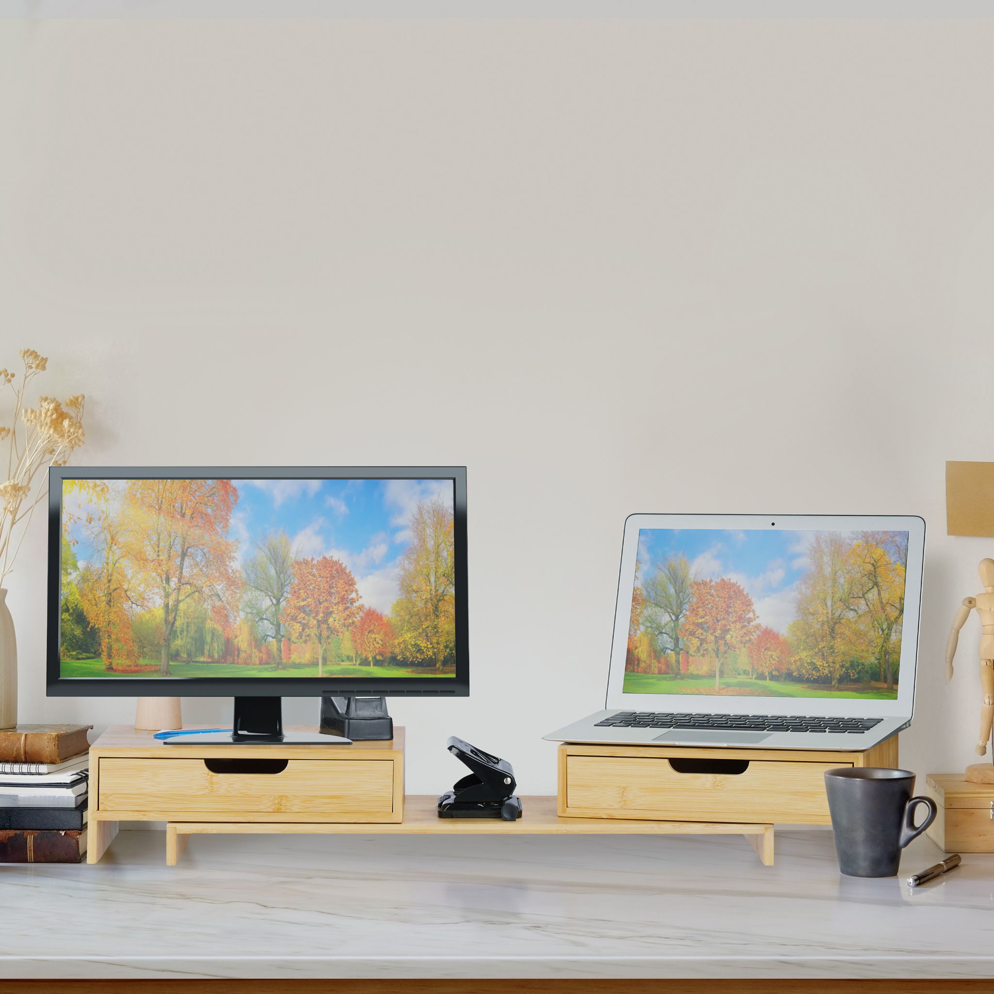 Monitorständer für 2 Monitore Hellbraun von Relaxdays