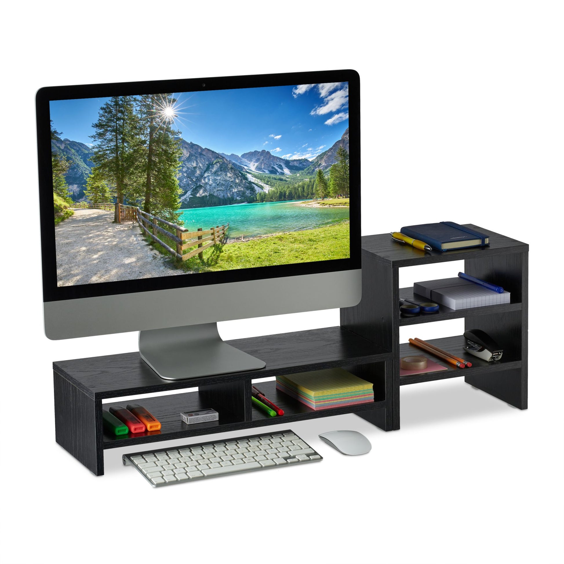 Monitorständer mit Ablagen Schwarz von Relaxdays
