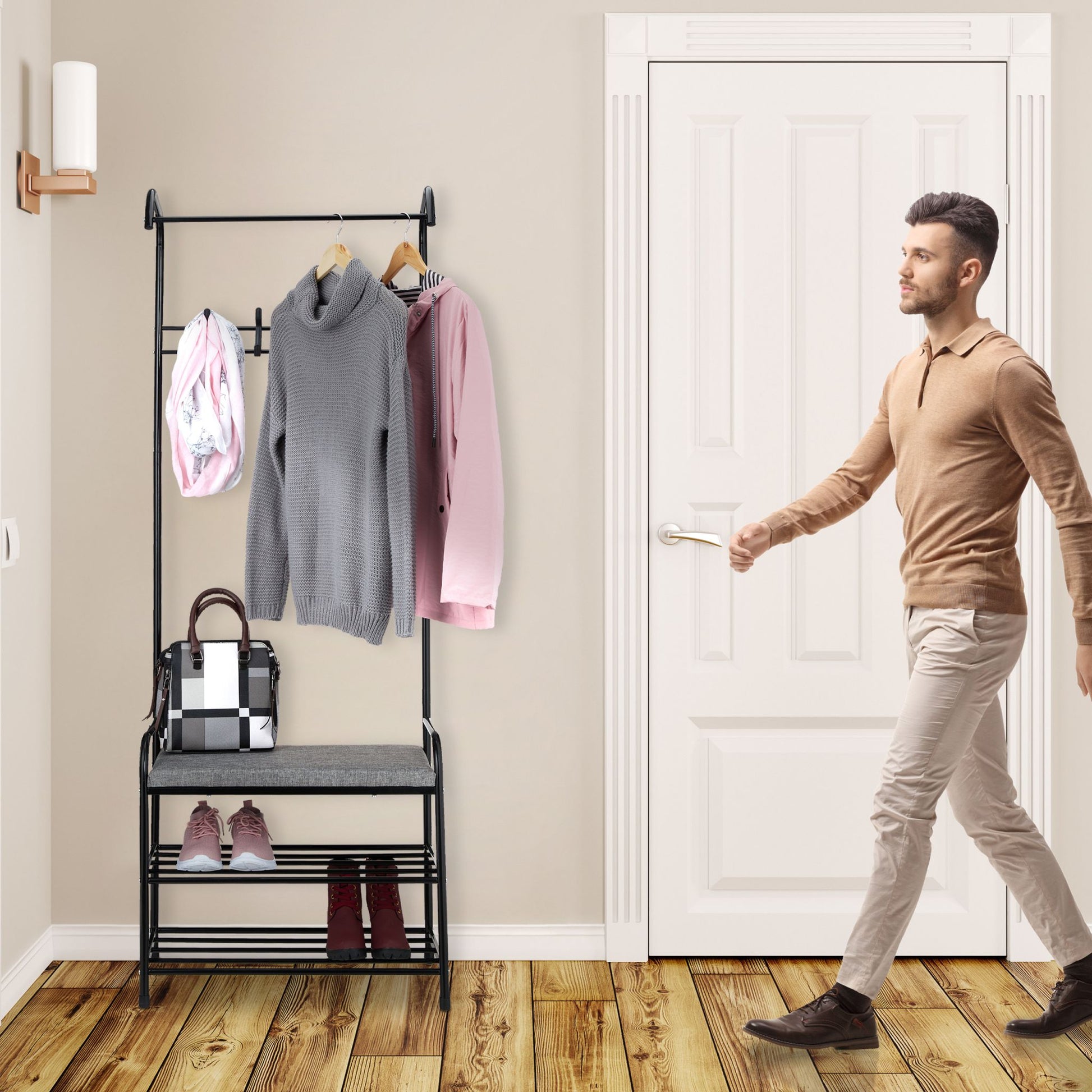 Garderobe mit Schuhablage & Sitzbank Beige-Schwarz-Grau von Relaxdays