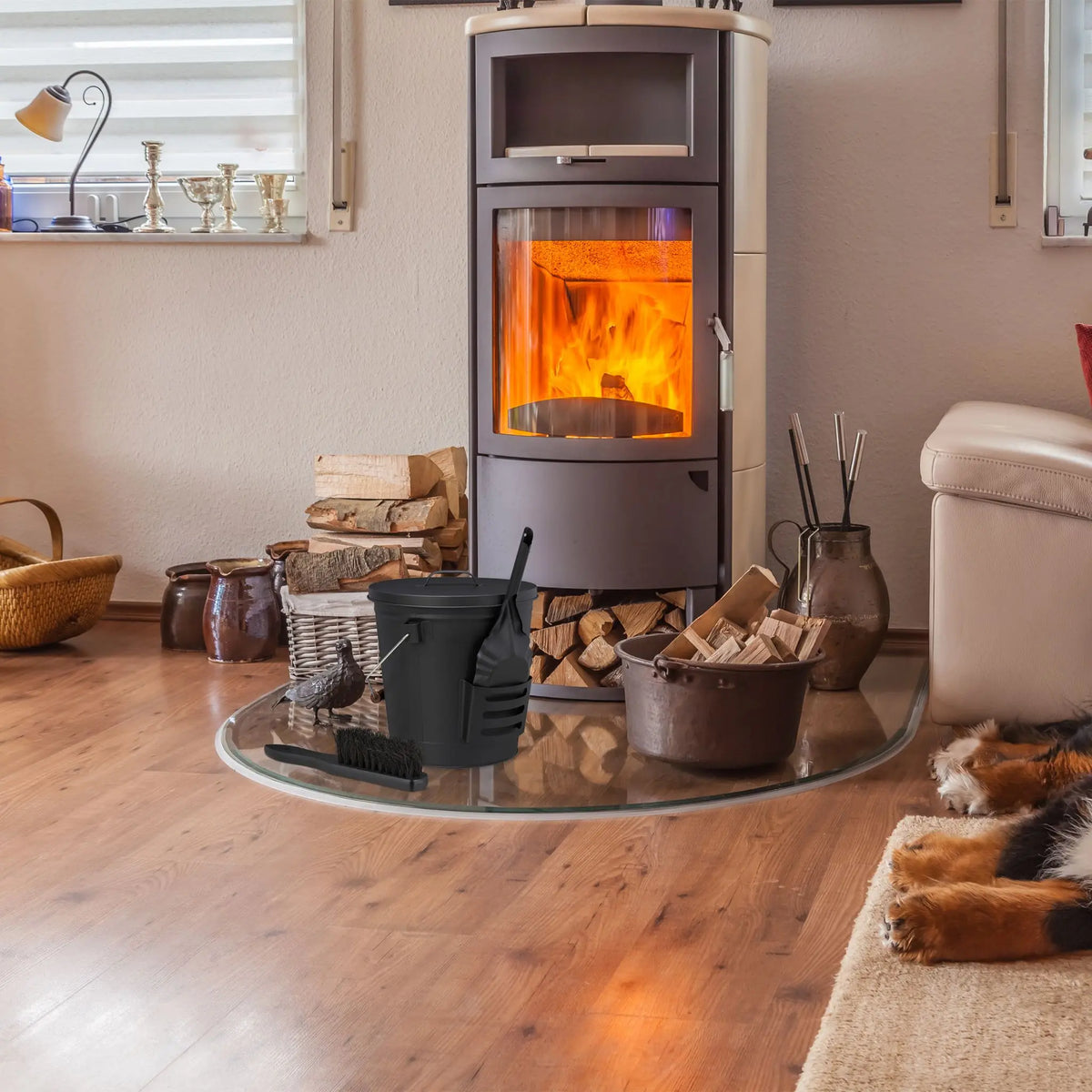 Ascheeimer mit Deckel & Kehrset Braun-Schwarz von Relaxdays