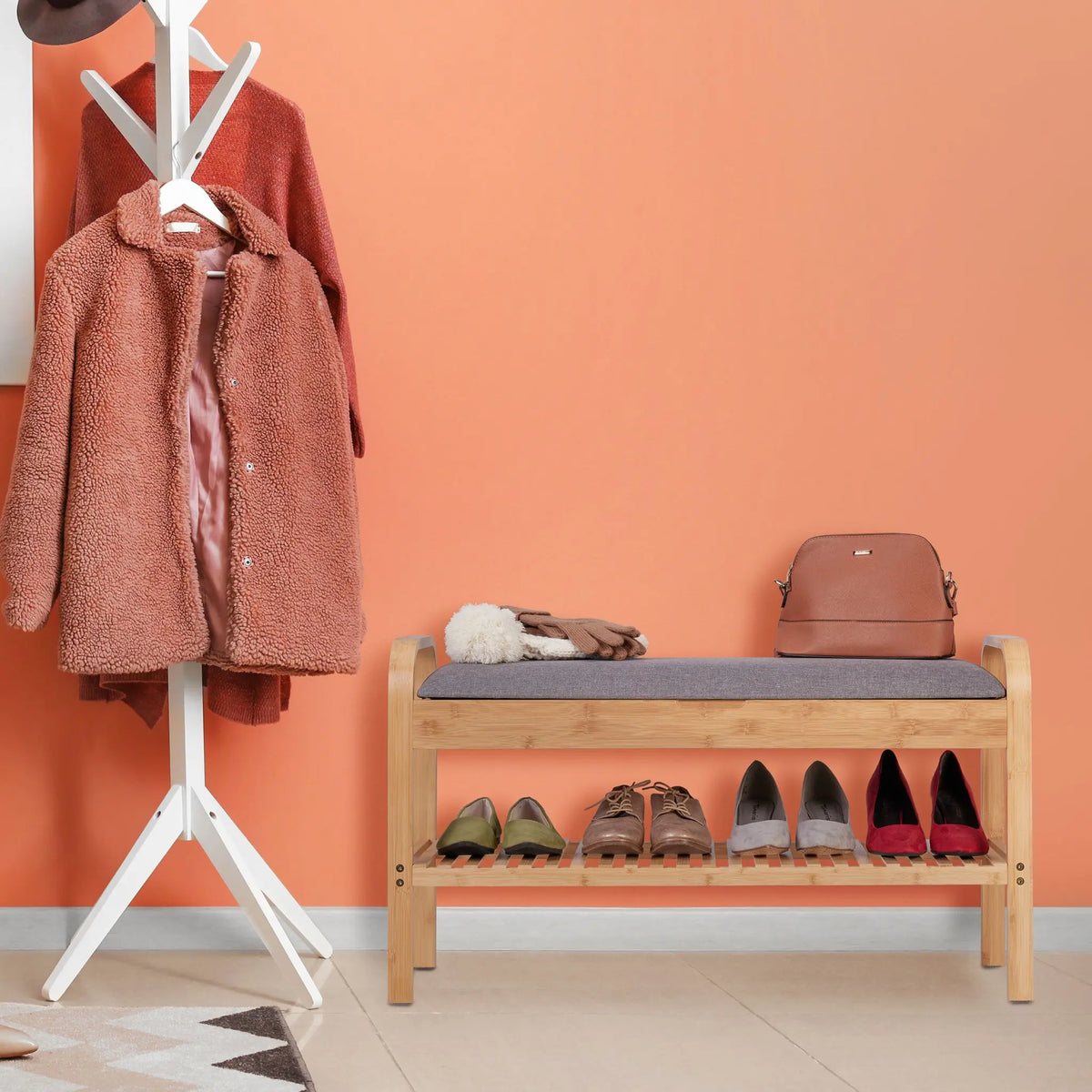 Schuhbank mit gepolsterter Sitzfläche Hellbraun-Grau von Relaxdays