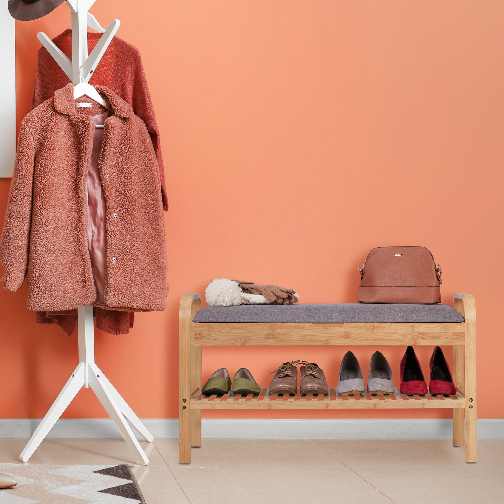 Schuhbank mit gepolsterter Sitzfläche Hellbraun-Grau von Relaxdays