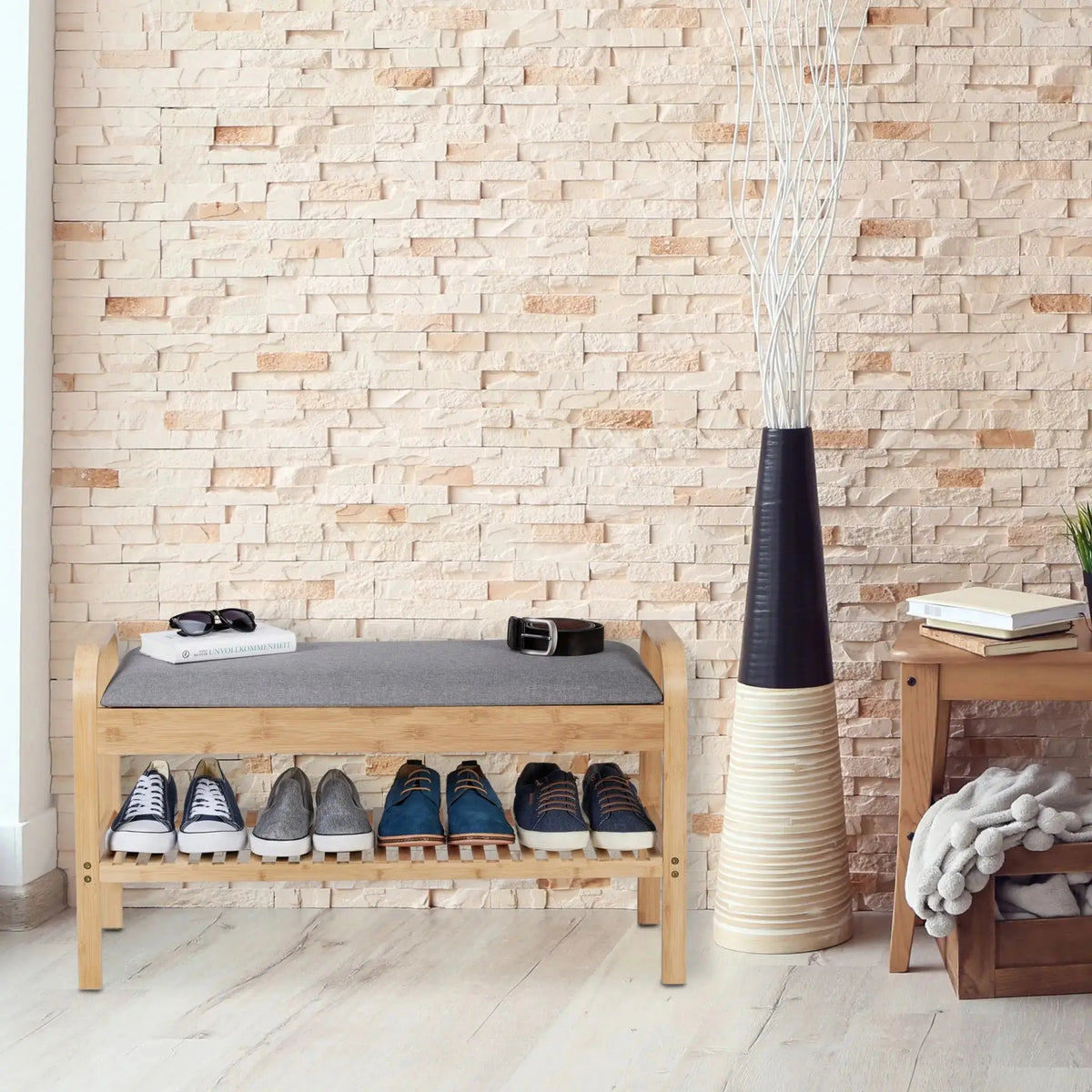 Schuhbank mit gepolsterter Sitzfläche Hellbraun-Grau von Relaxdays
